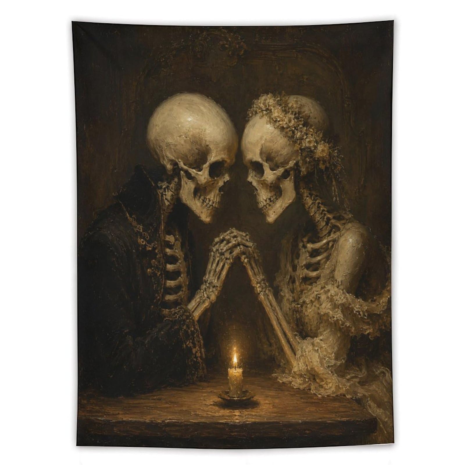 Skeleton Couple Candlelight Wall Tapestry, Gothic Oil, College Dorm