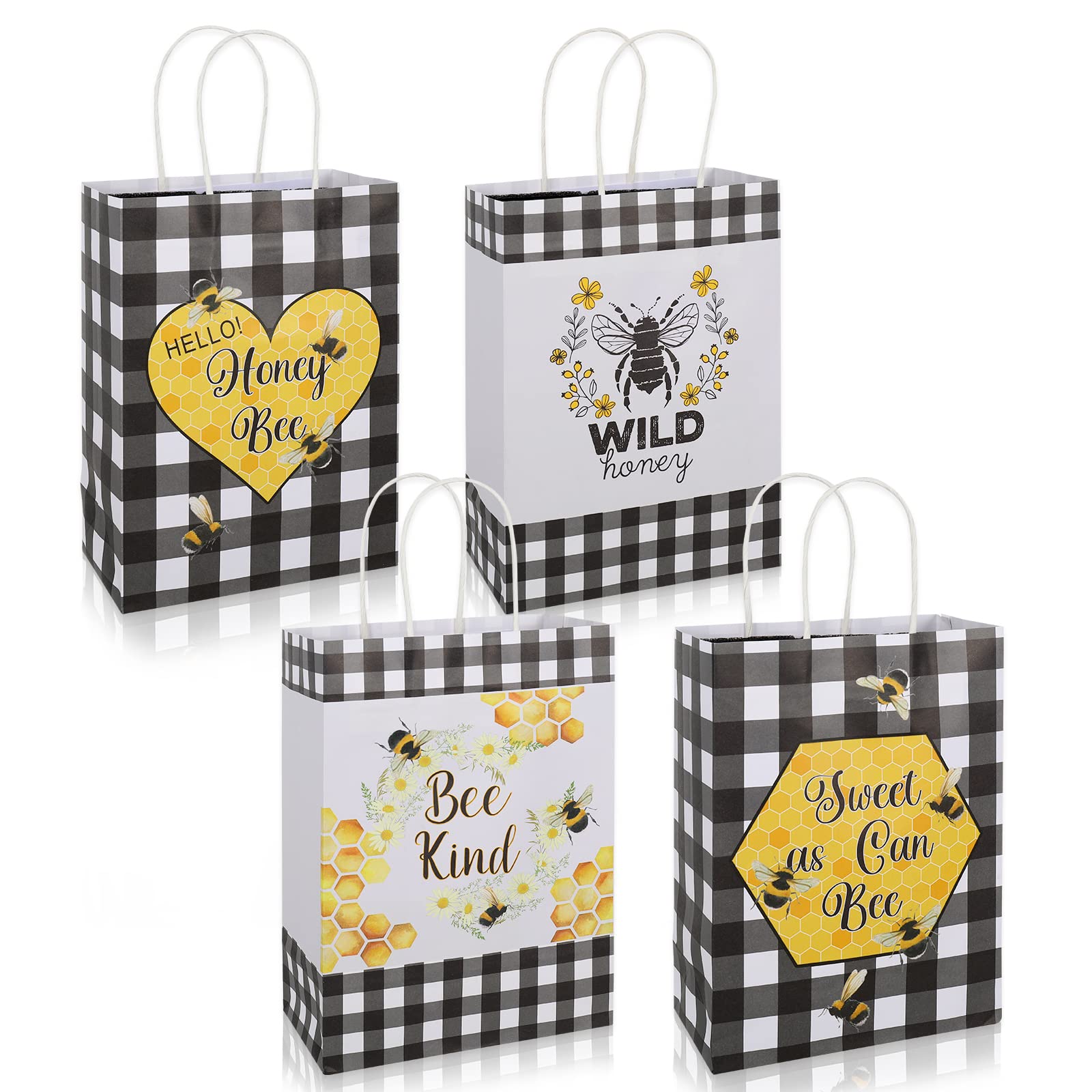 AnyDesign Summer Honey Bee Buffalo Plaids Paper Gift Bags with Handle 16Pcs Bee Theme Party Paper Bags Candy Goodie Treat Bags for Birthday Baby