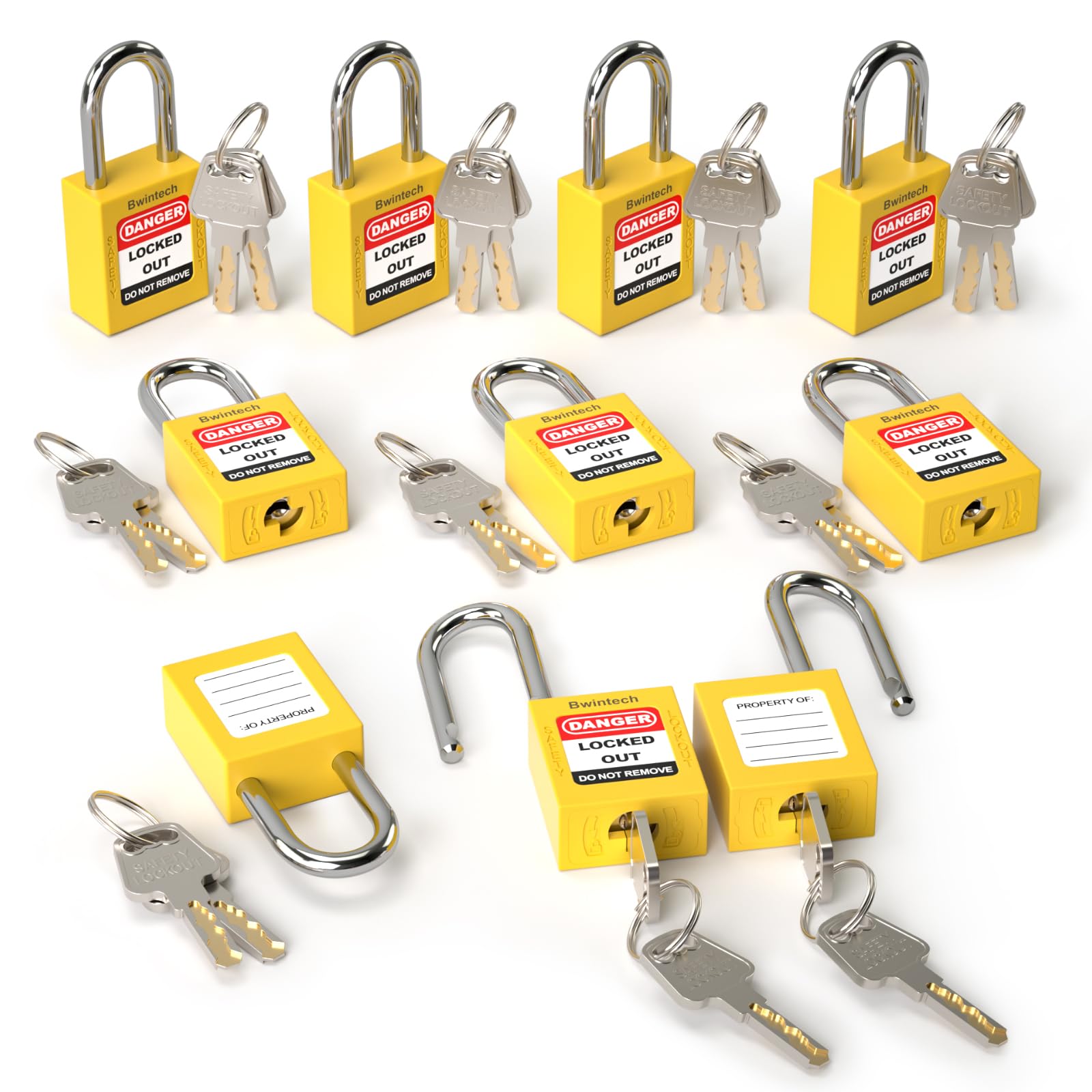 Bwintech 10 Pcs 38MM Candado de seguridad amarillo diferente con llave para bloqueo y etiquetado de estaciones y dispositivos de bloqueo y etiquetado