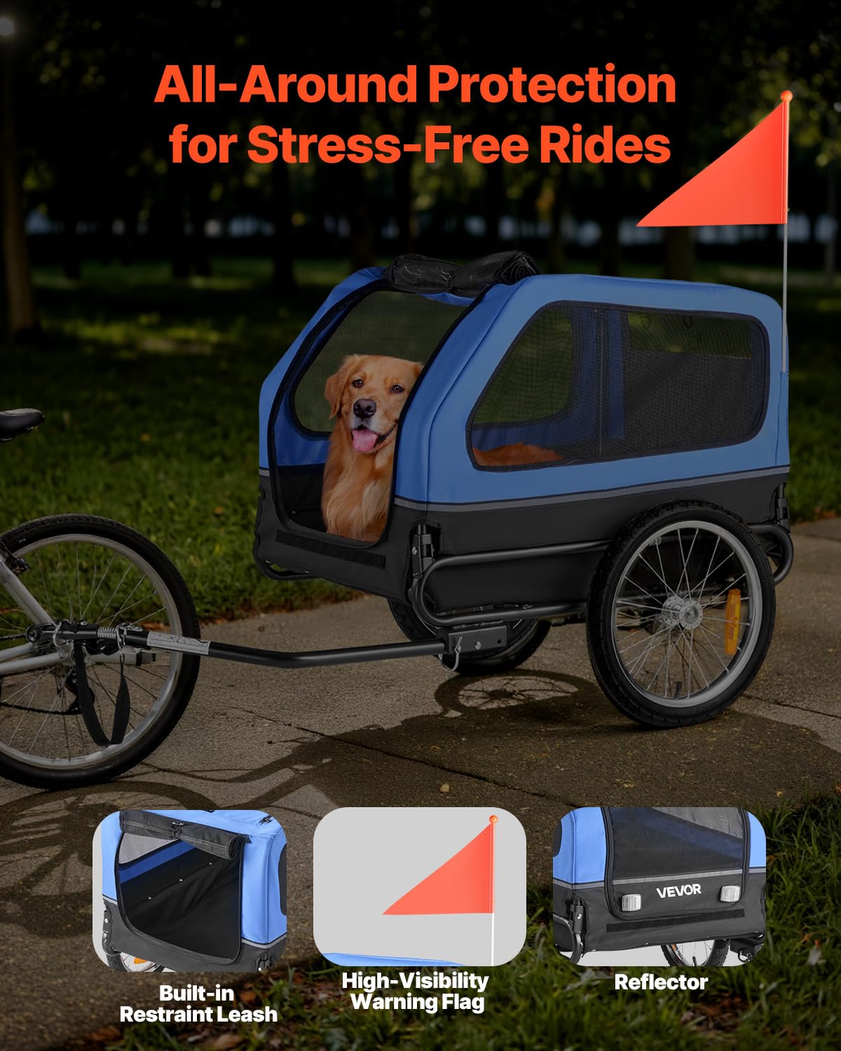 VEVOR Rimorchio per Bici per Cani, Supporta Fino a 40 kg, Carrello Portabici, Telaio Pieghevole con Ruota a Sgancio Rapido, Attacco Universale per Bicicletta, Riflettore, Bandiera Guinzaglio Interno