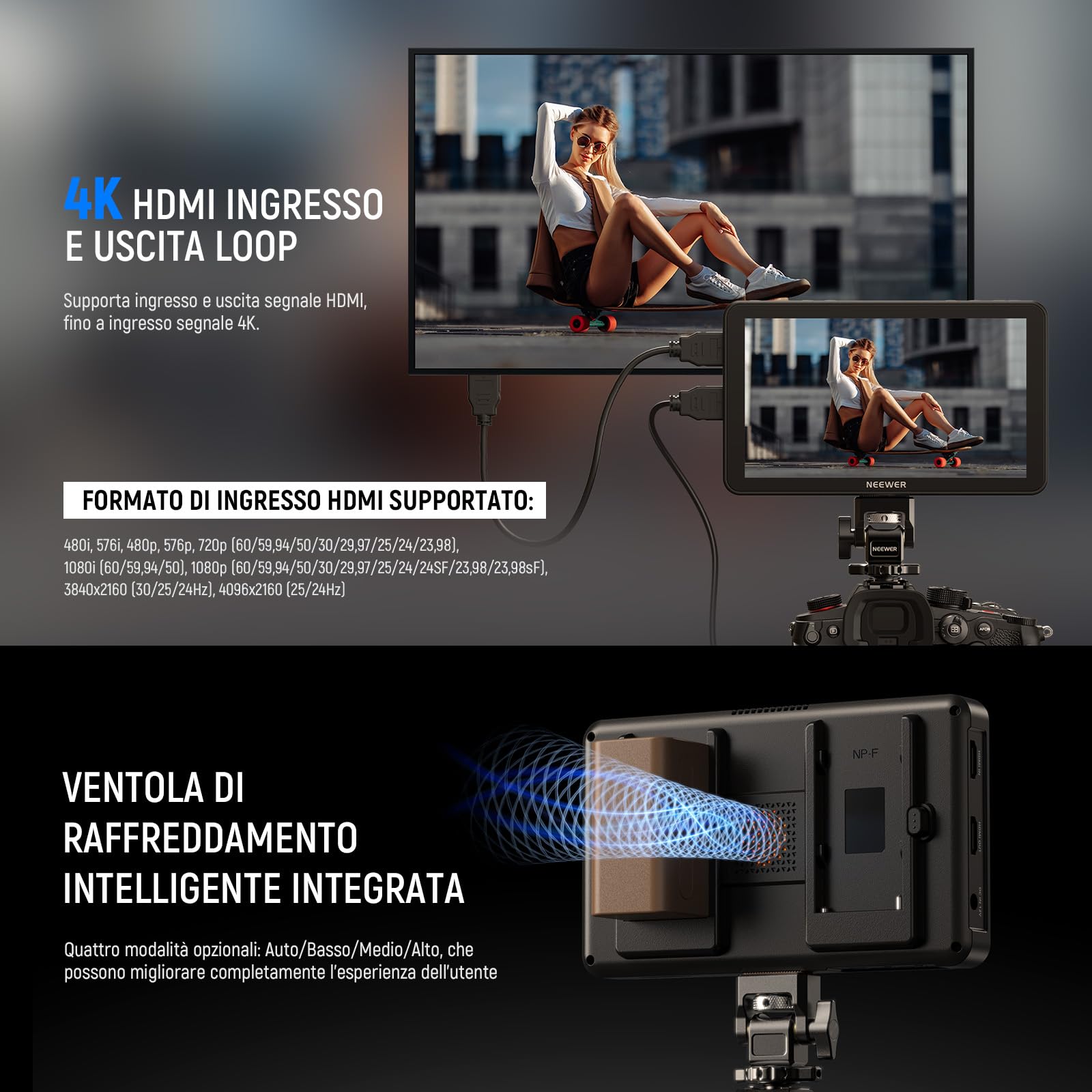 NEEWER F700 Monitor da Campo per Fotocamera 7", 2000nit HD 1920x1080 IPS Touch Screen con 3D LUT, Loop in/Out HDMI 4K con Peak Focus DSLR Video Assist HDR Waveform, Cold Shoe, Batteria Non Inclusa