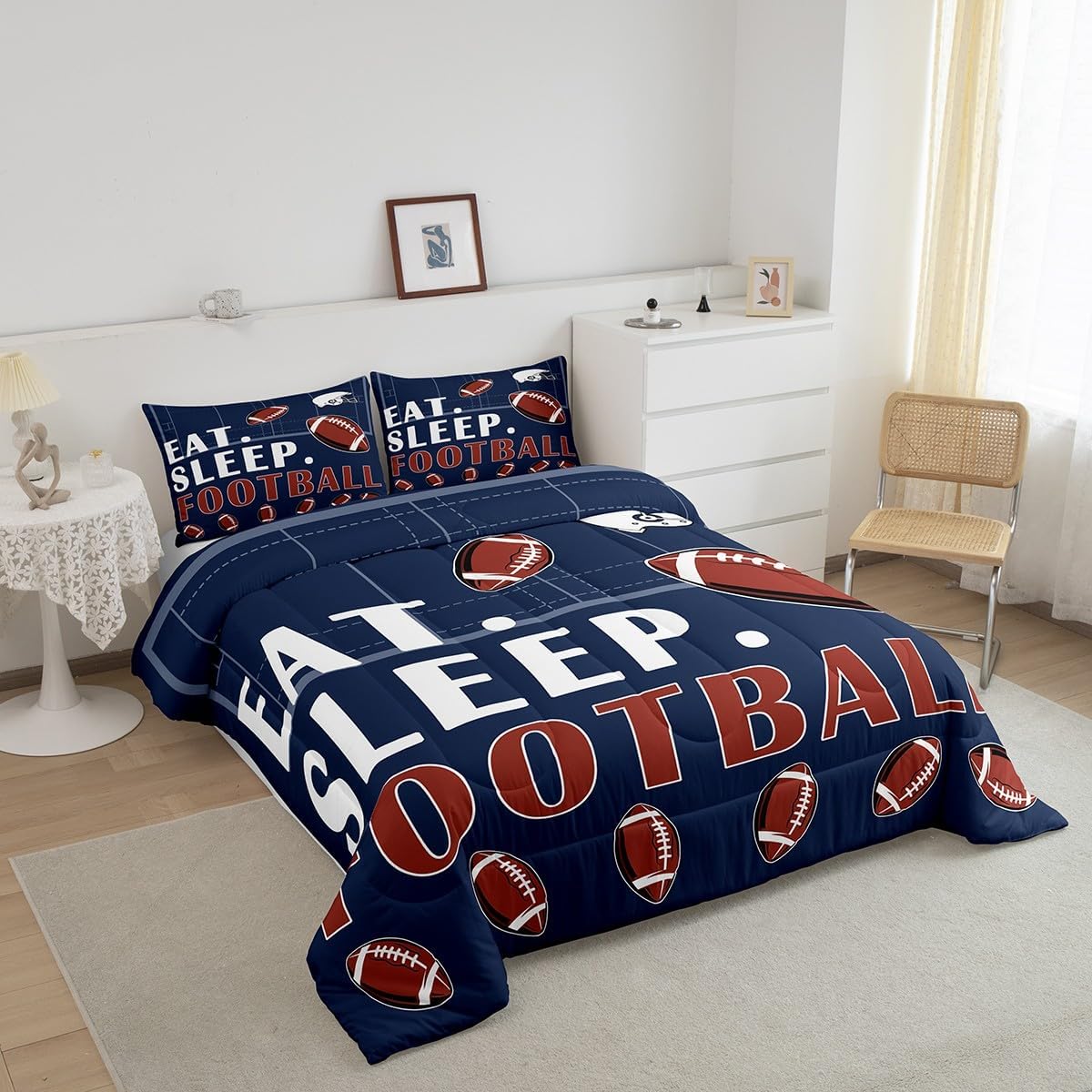 Queen Comforter Sets - Sports Bedding for Boys & Girls - American Football Down Comforter - 3 Pcs Navy Blue
