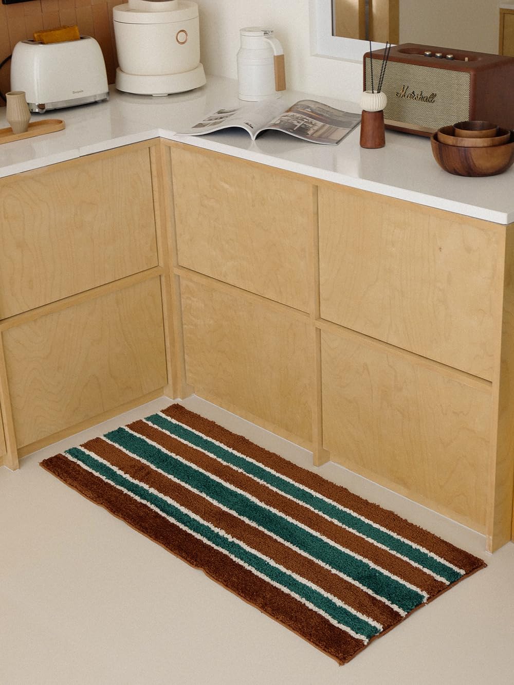 WENSHUO Vintage Striped Colorblock Rug (Forest Green),Microfiber Absorbent Non-Slip Tufted Rug,TPR Non-Slip Bottom（43.31" L × 17.72" W）