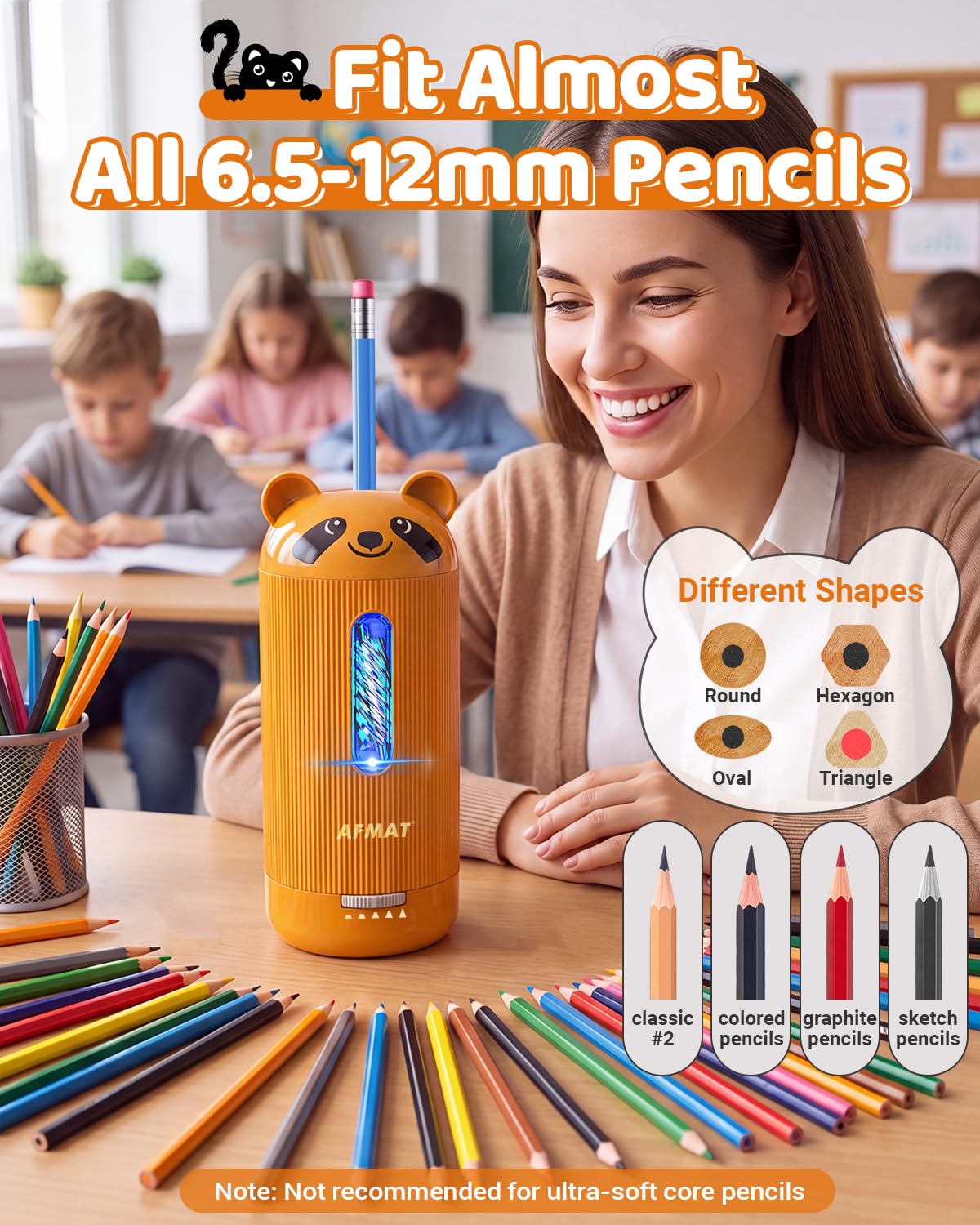 AFMAT Temperamatite elettrico con contenitore e 5 livelli di affilatura, auto in e out, temperamatite rapido ad alte prestazioni per matite spesse e sottili (6,5-12 mm), USB-C, ricaricabile, per