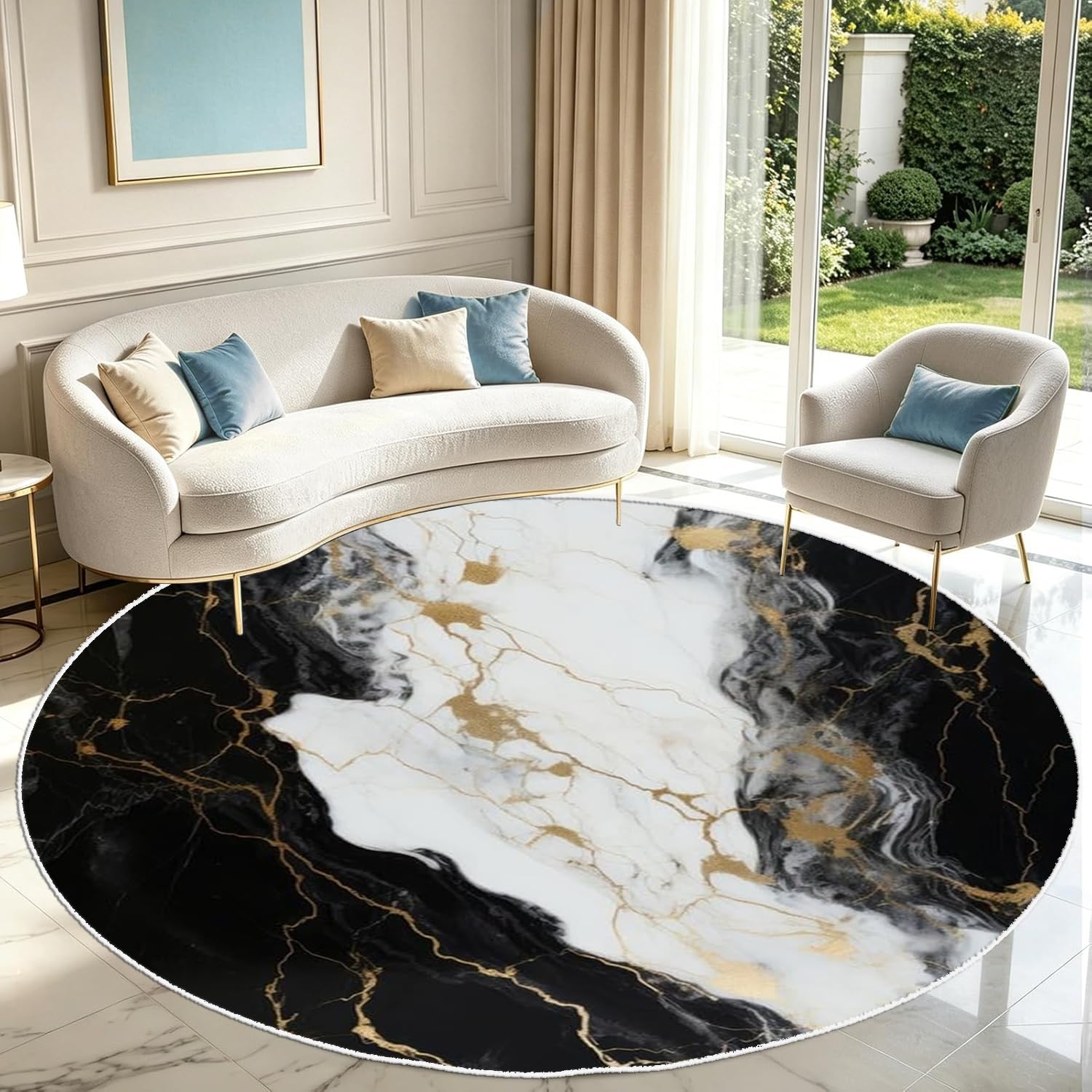 PDENZG Luxury Round Marble Area Rugs,240cm,Modern White and Gold Round Rug,Washable Non-Slip Black and White Marble Rug,Soft Ultra-Thin for Living Room Bedroom Dining Room Circle Carpet