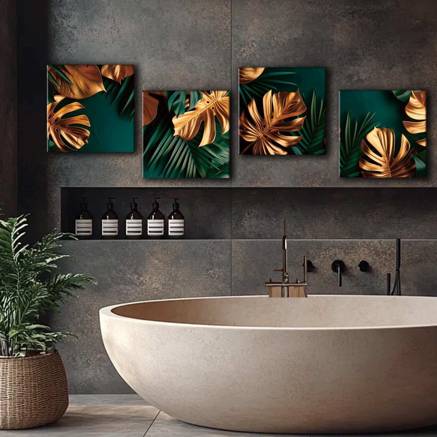 Emerald Green and Gold Wall Decor 4 Pcs Tropical Plant Leaf Pictures Canvas Prints Abstract Minimalist Modern Boho Botanical Aesthetic Artwork for Living Room Bedroom Bathroom Home Decorations 12"x12"