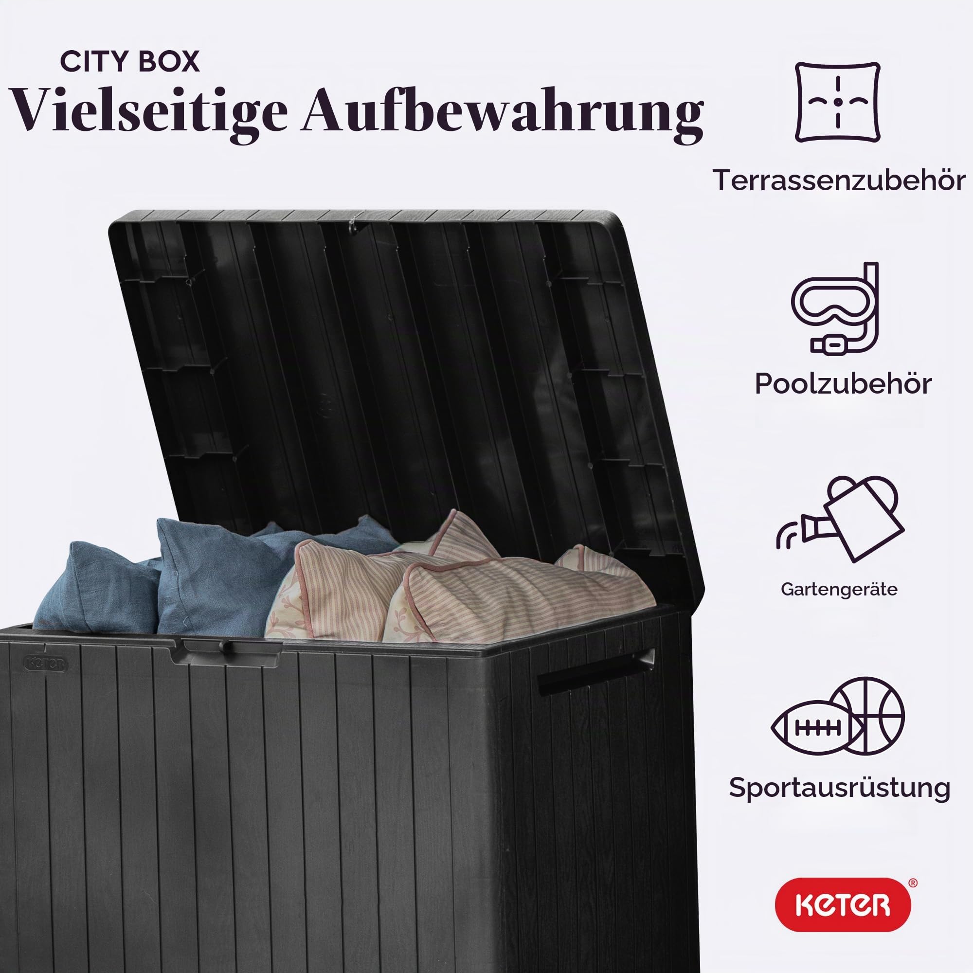 Keter City Aufbewahrungsbox und Terrassenmöbel, Beistelltisch für Pool und Gartenzubehör, aus Kunstharz, 30 Gallonen, Dunkelgrau