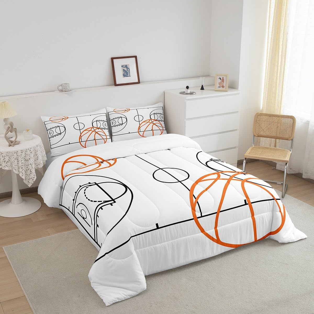 Feelyou Basketball Bedding Set King Basketball Court Comforter Set for Boys Teens Decor White Comforter Sport Bedroom Ball Game Quilt Set 3Pcs