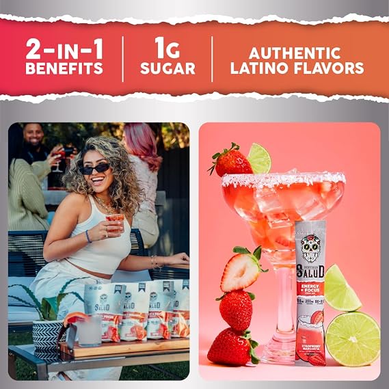 Salud 2-Pack | 2-in-1 Hydration + Immunity (Paloma) & Energy + Focus (Strawberry Margarita) 15 Servings Each, Agua Fresca Drink Mix, Non-GMO, Gluten Free, Vegan, Low Calorie, 1g of Sugar