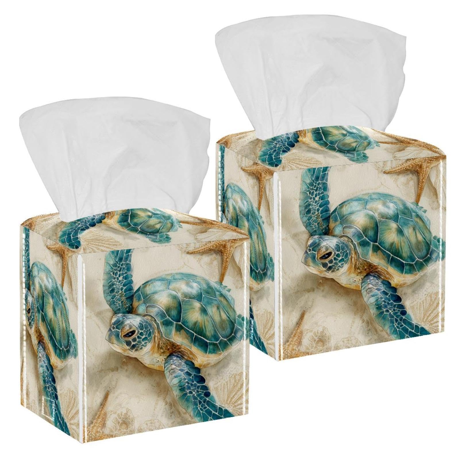 Sea ​​Turtle Tissue Box Cover, 2 Pack PU Leather Square Facial Tissue Dispenser Box holder for Home Office Car