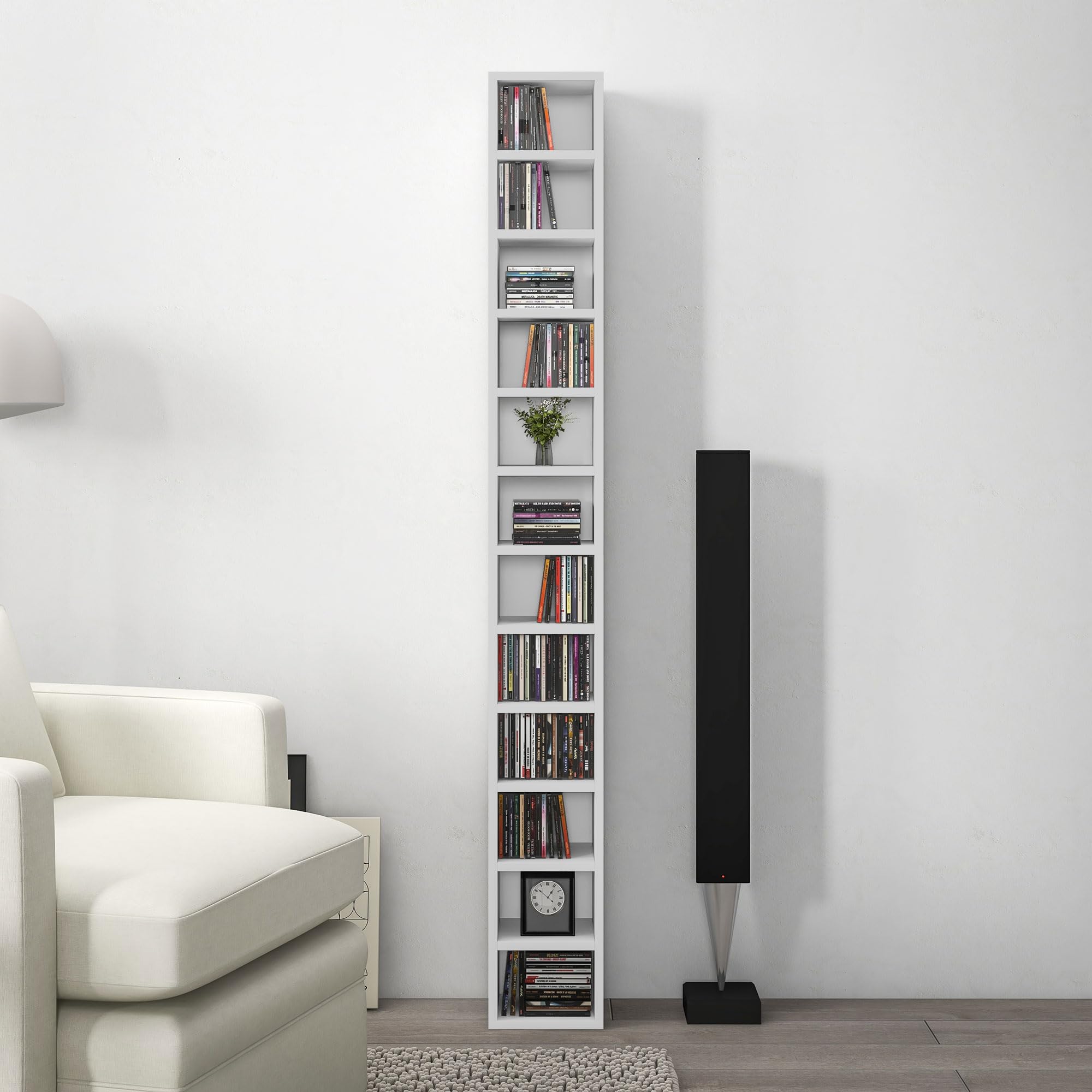 HOMCOM Contenitori per CD e DVD, ripiano a colonna, contenitore con 12 scomparti, capacità massima 204 CD, 21 x 20 x 175 cm, bianco