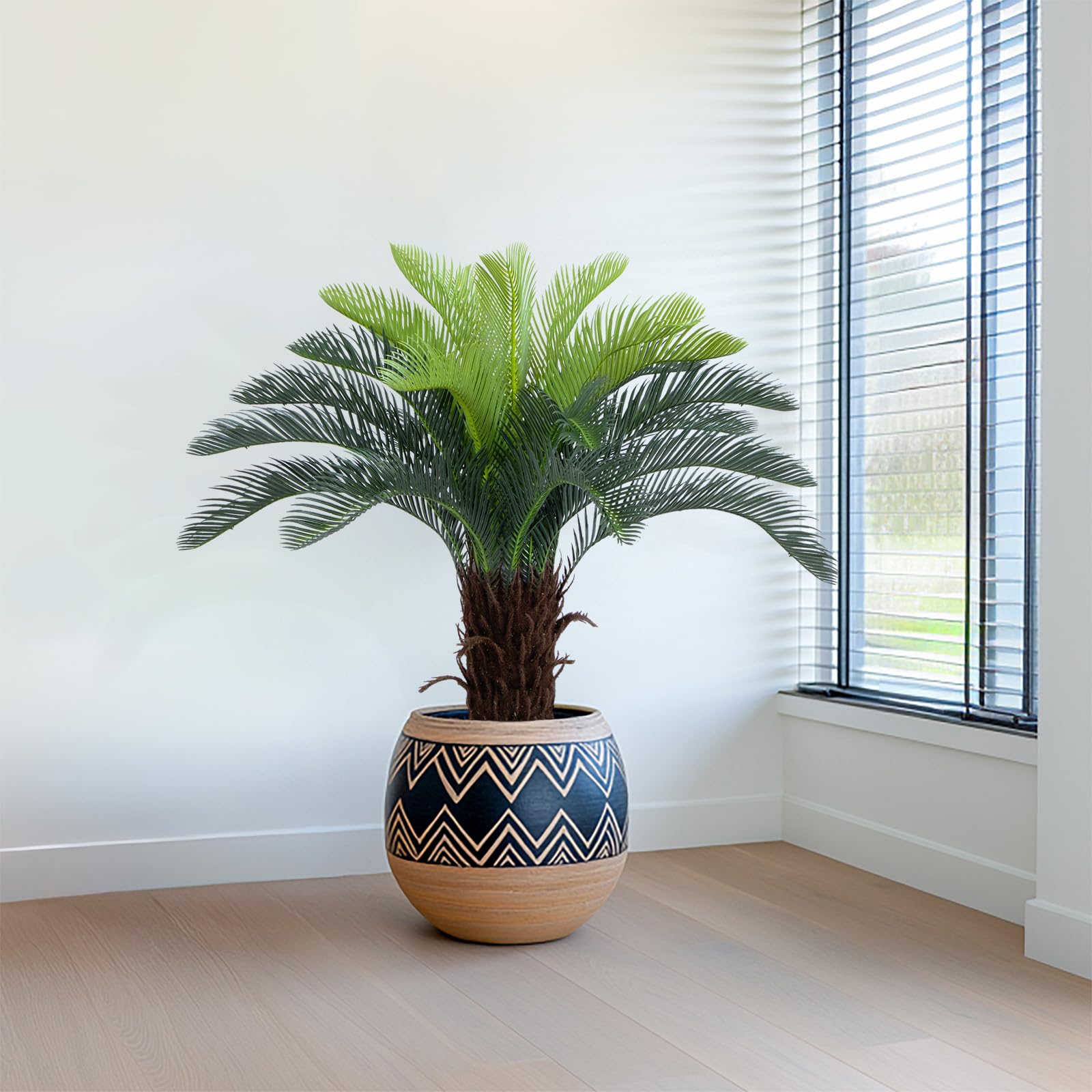 Condition photo showing Good Condition for bellacat 3ft uv resistant faux sago palm tree with natural & lifelike bark, 35in super full artificial cycad tree with realistic leaves, for home office patio porch front door decor.