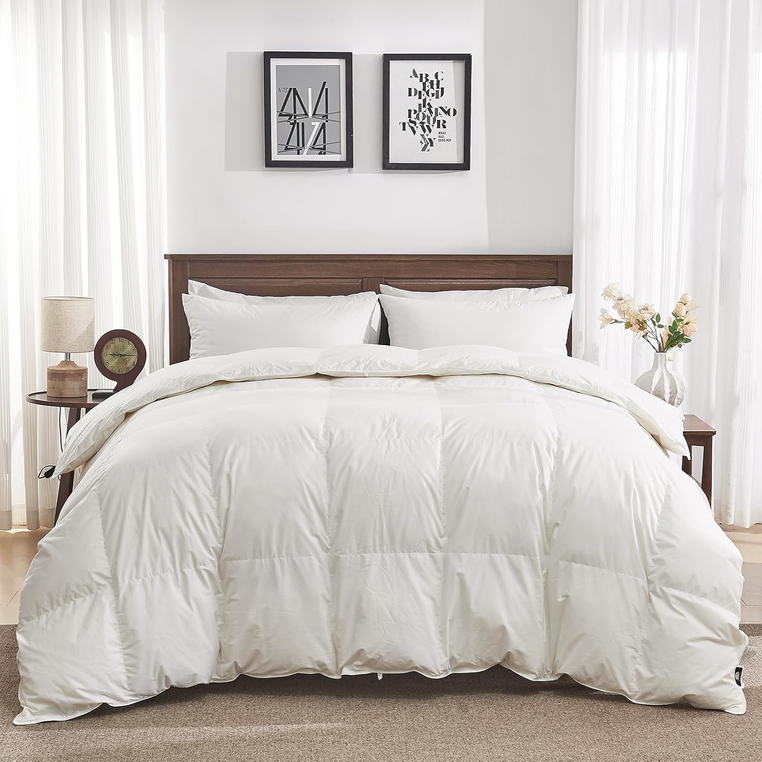 Organic Feather Down Fiber Comforter Queen Size - 100% Cotton Shell All Season Duvet Insert, Medium Warmth Hotel Luxury Bedding Comforter(90x90 Inch, White) Year-round Queen (U.S. Standard)