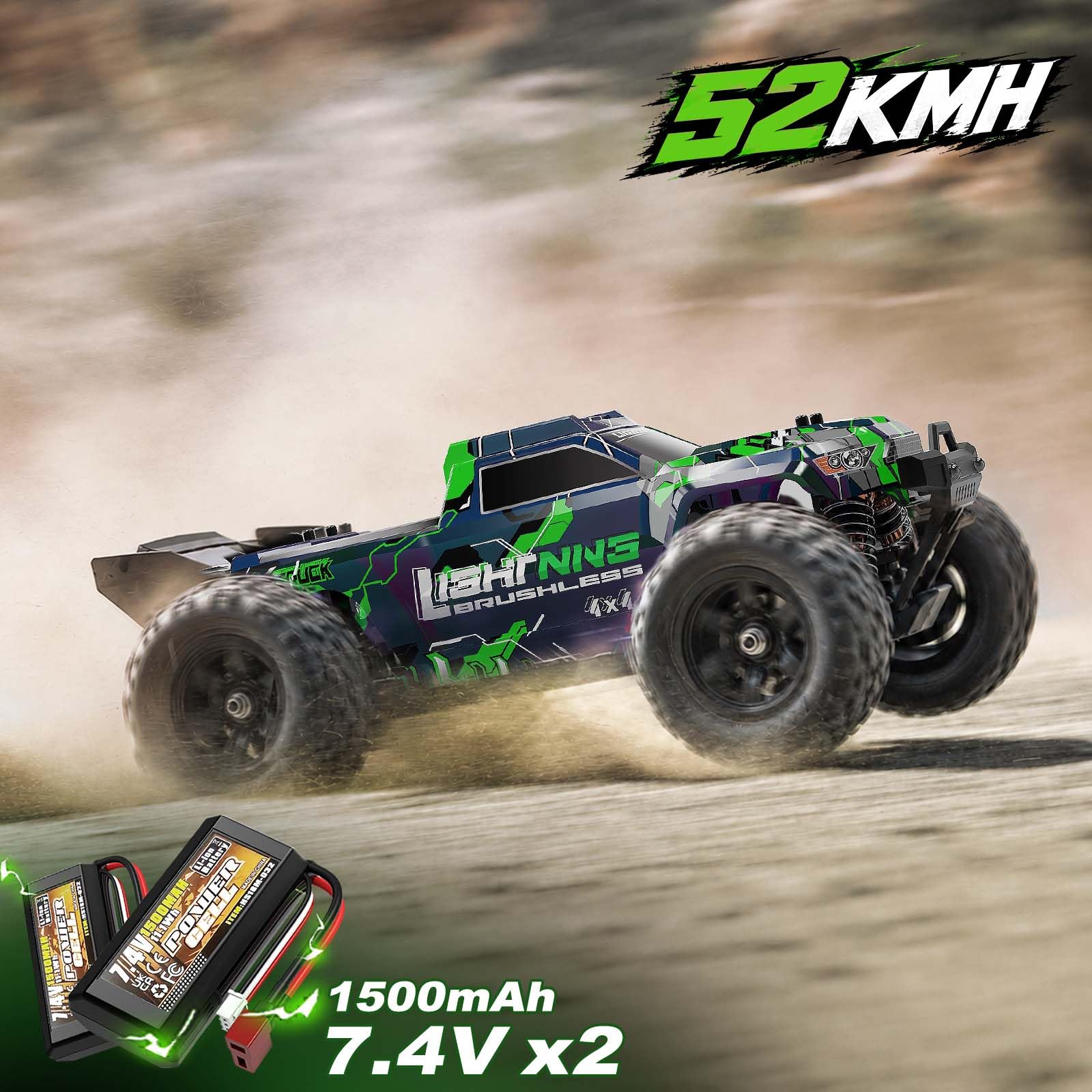 Coche Teledirigido Adulto 1:18 Brushless RC Offroad 4x4 52 km/h | Coche RC todoterreno RTR con amortiguadores de aceite, transmisión metálica, 2 baterías y 2 carrocerías