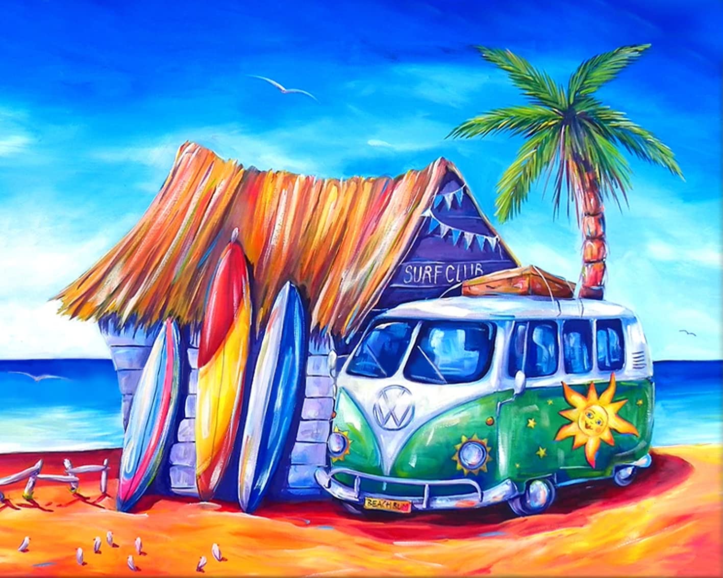 TISHIRON Painting by Nnumber Surf Shack on Beach DIY Paint by Numbers for Adults Surf Club Palm Tree Oil Painting by Numbers Color by Number Canvas Print Wall Modern Decor - 16"x20", Frameless