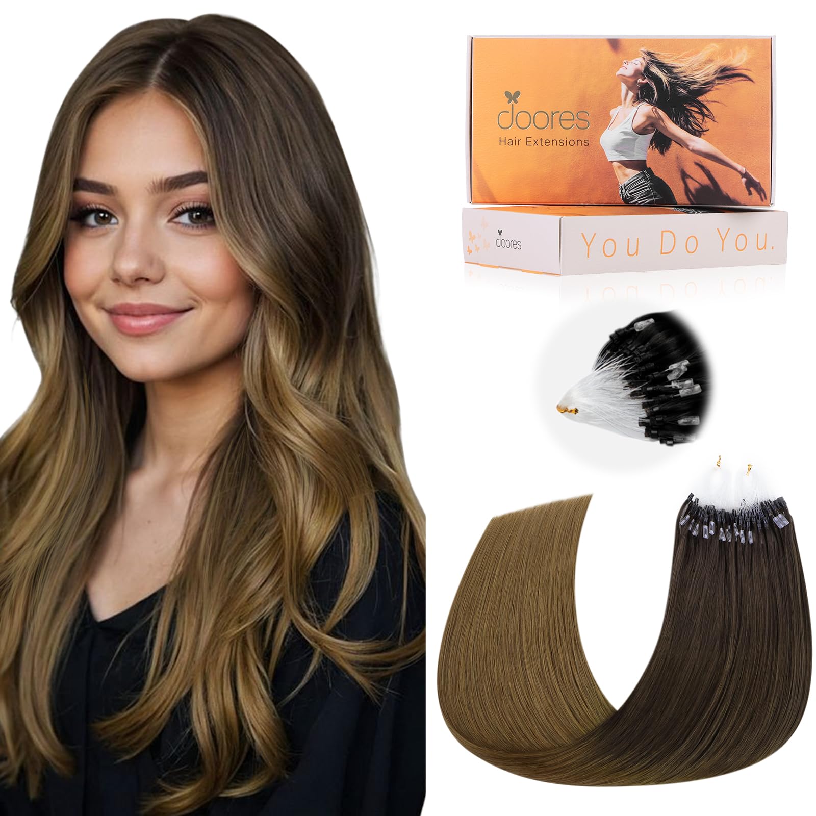 Doores Micro Link Hair Extensions Human Hair, Chocolate Dip Color Melt 16 Inch 50g/50s, Real Human Hair Micro Beads Hair Extensions Human Hair