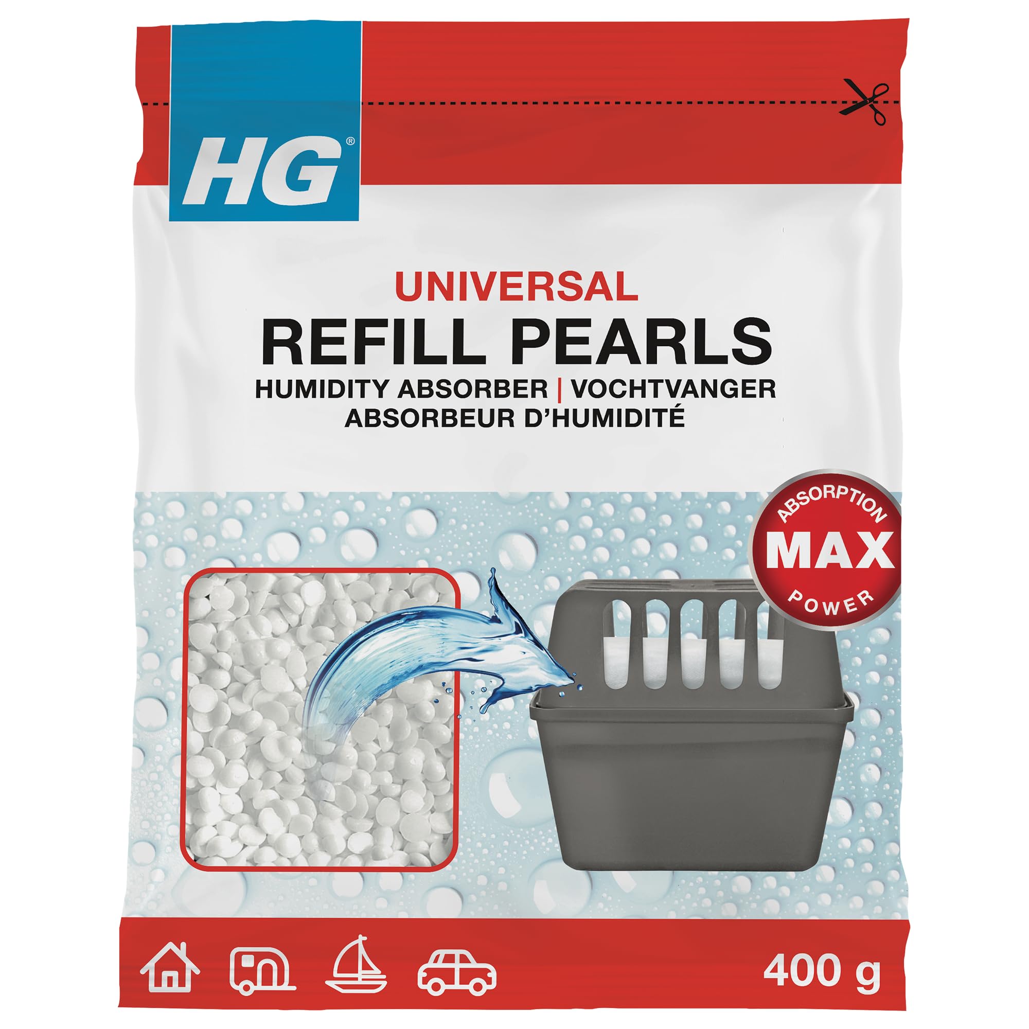 HG Humidity Absorber Refill Pearls, for Reusable Dehumidifier Tubs, Fits Universal Disposable Moisture Traps, Home & Car Moisture Absorber, Anti Mould Bathroom & Wardrobe Dehumidifier - 400g