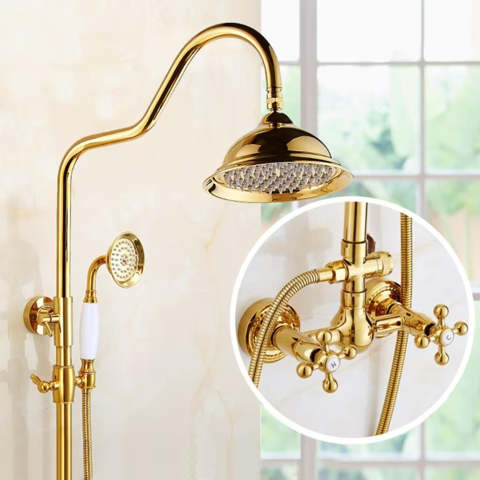 Fanjubei Twin Golden Gourds Bathroom Shower Set, Hot And Cold Water Faucet, Golden Gourd Double Handle Showerhead