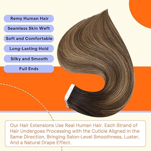 Miniatura 2 de Fshine Extensiones de cabello humano con cinta adhesiva, balayage, color degradado 2, marrón oscuro que se desvanece a rubio miel 3 y 27, con cinta