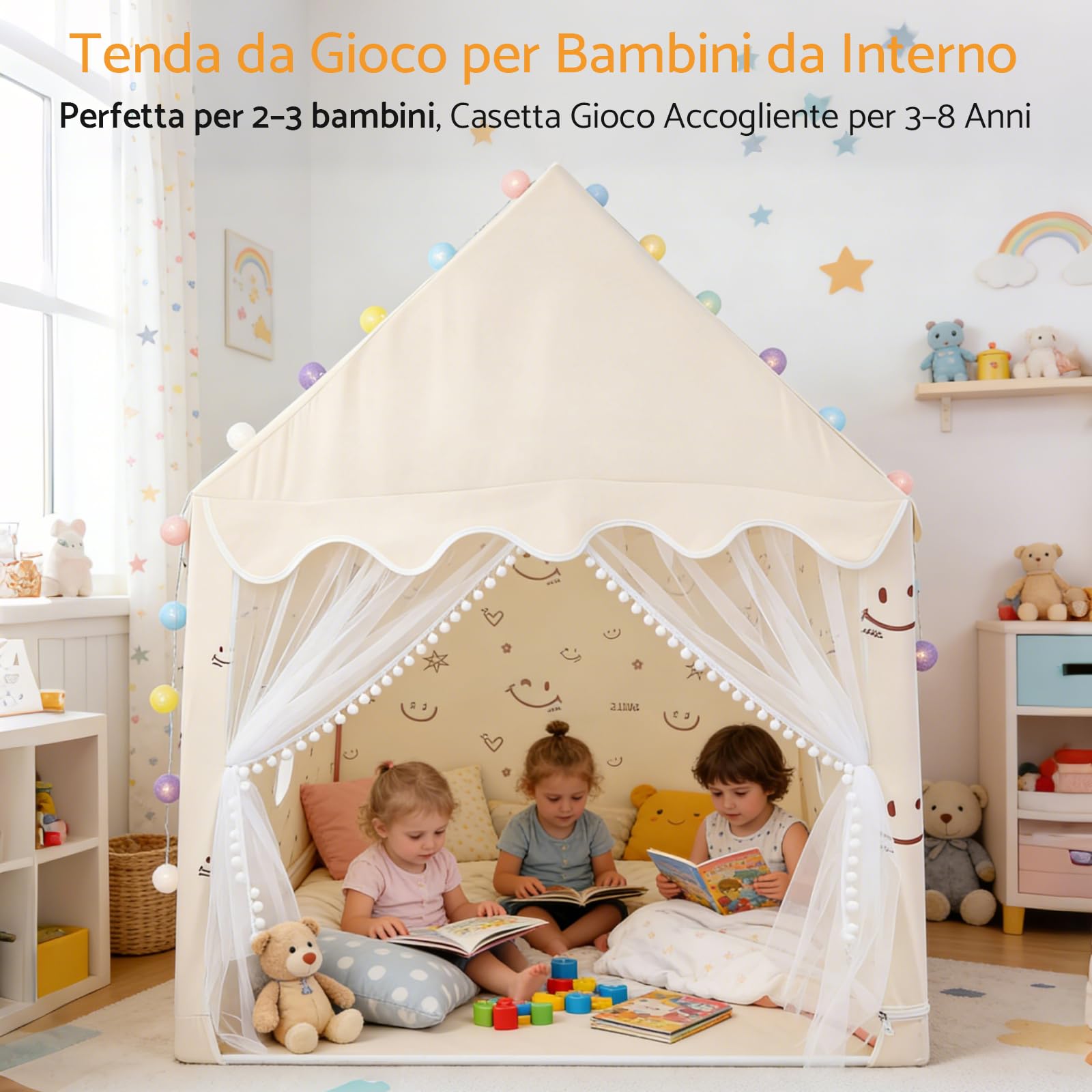 Tenda Gioco per Bambini 120×100×130 cm con Luci LED e Finestre | Capanna da Gioco per Bambini di 3-12 Anni Spaziosa e Portatile per Interno ed Esterno, Montaggio Rapido in 10 Minuti
