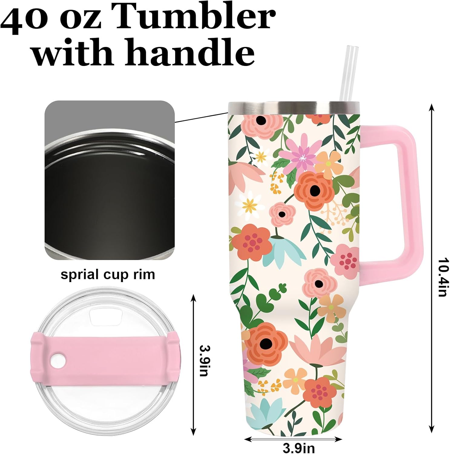 JarThenaAMCS Boho Floral Tumbler with Handle 40oz Spring Colorful Flower Tumbler with Lid Straw Wildflower Stainless Steel Cup for Christmas Home Office Travel - Image 2