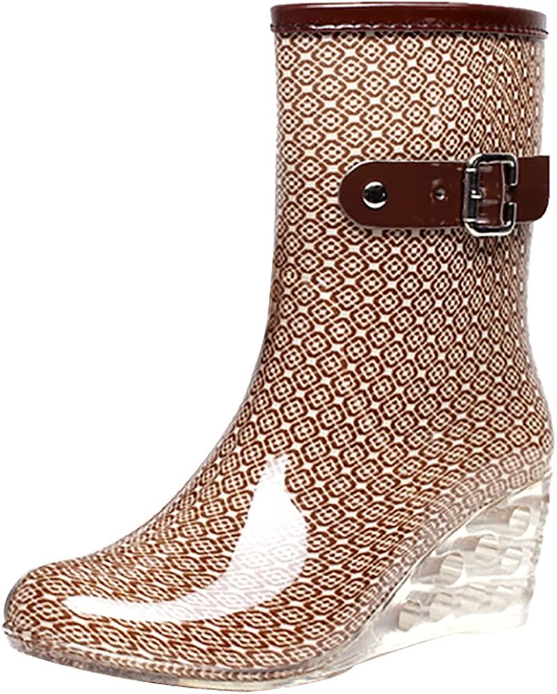 Odema Women's Ankle High Rain Boots Side Zipper Wedge High Heel Waterproof Shoes Winter Snow Wellies Bootie