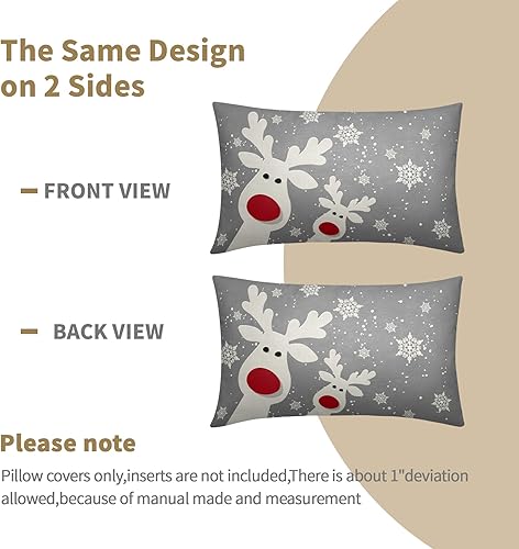 Miniatura 4 de Juego de 2 fundas de almohada lumbar de Navidad negras de 12 x 20 pulgadas, diseño rústico de copos de nieve de ciervos de Navidad, almohadas