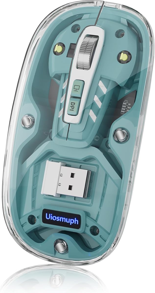 Uiosmuph Bluetooth Wireless Mouse Tri-Mode (BT5.1+BT5.1+2.4GHz) USB C Rechargeable Transparent Computer Mouse Silent with USB Receiver & Type C Adapter for Laptop/Mac/Chromebook Green