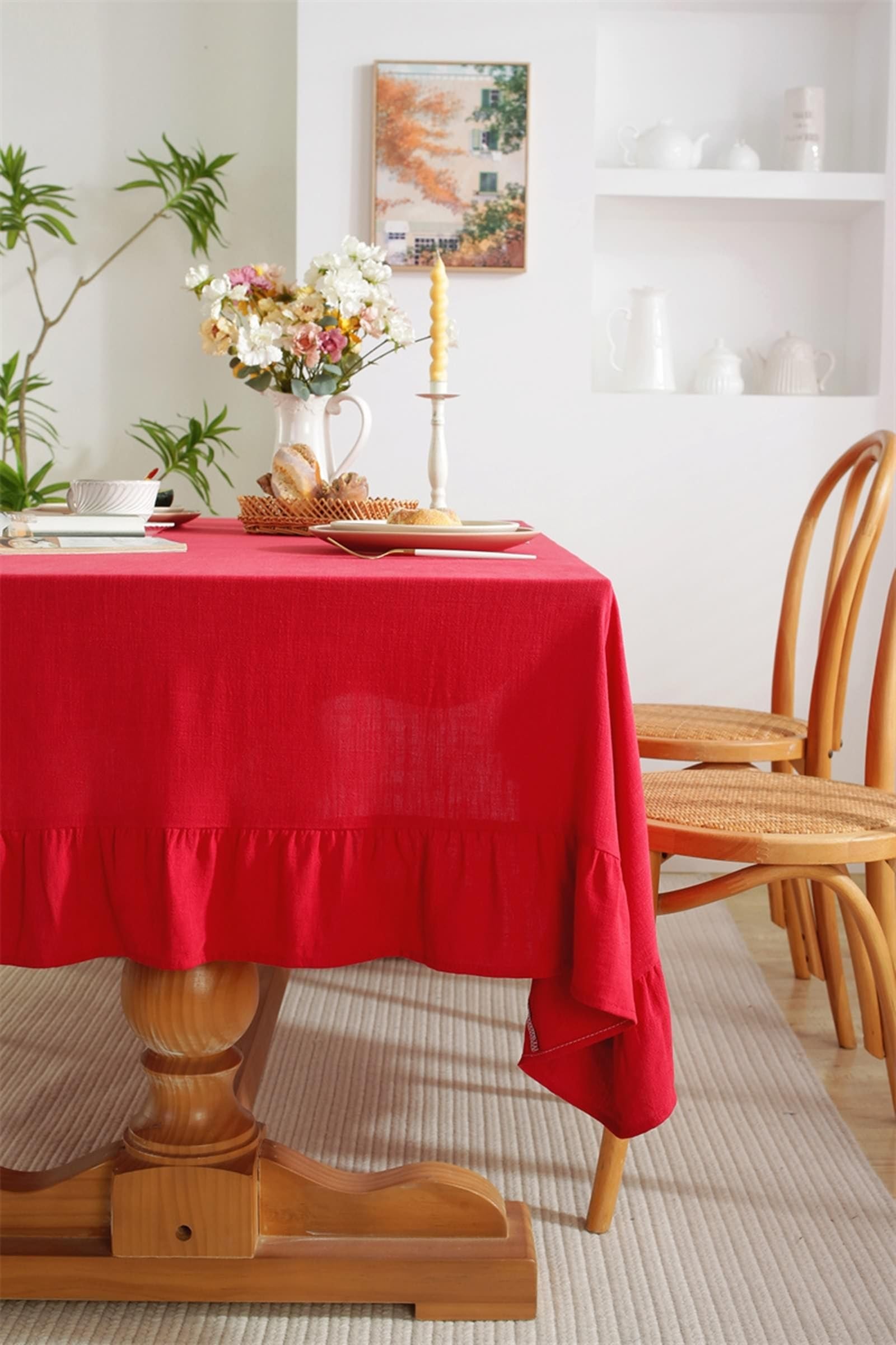 Tablecloth czerwony, bawełniany i lniany obrus outdoorowy jednokolorowy z falbankami obrus kwadratowy 120 x 120 cm