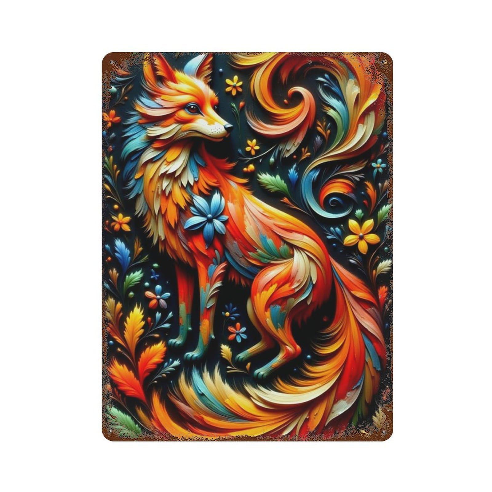 Rust Effect Colorful Fox Artwork Rusty Metal Tin Sign 15.7"x11.8", Industrial Home Decor for Living Room, Hallway And Home Decor