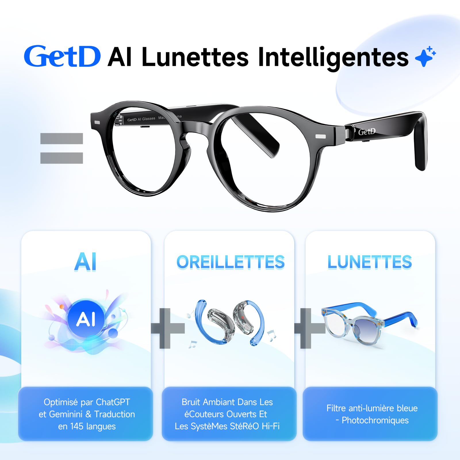 GetD Lunettes AI – Intelligence ChatGPT et Traduction instantanée par IA | Verres photochromiques. Traduction IA dans 145 langues. Appels mains libres. Audio immersif. Conversations avec l'IA
