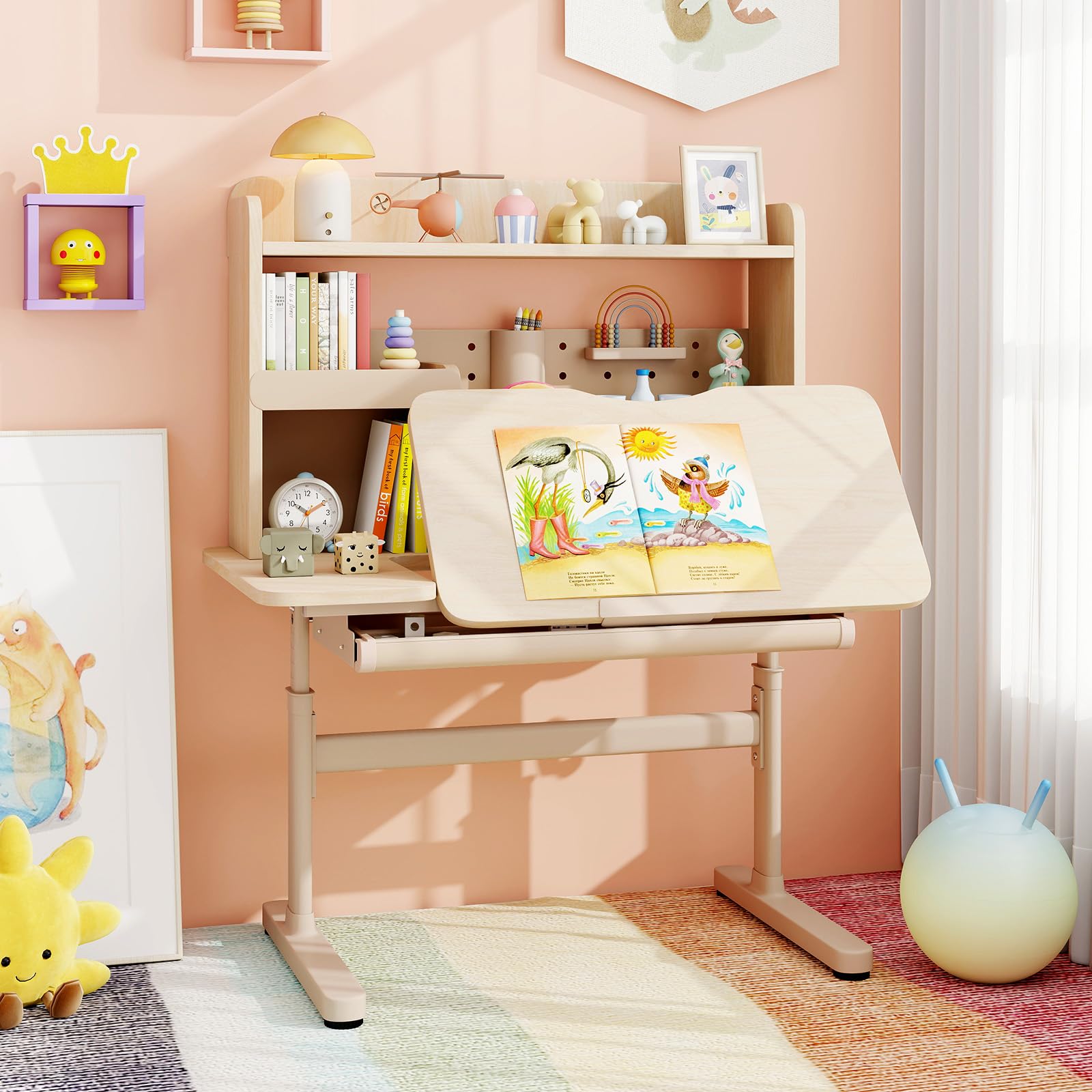 COSTWAY Bureau Enfant Fille Garcon avec Hauteur Réglable, Table Enfant avec Plateau Inclinable, Bibliothèque, Étagères, Tiroir, Support de Livre, Porte-Stylo, Charge 80 kg, pour 3-12 Ans (Naturel)