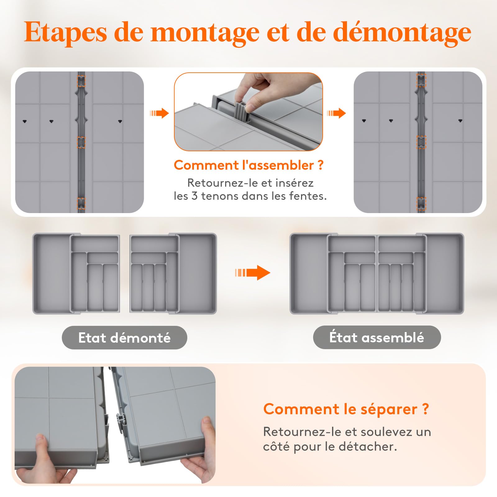Lifewit Grand Range Couverts, Rangement Couvert Tiroir Cuisine, Extensible de 54.1 jusqu'à 91,4 cm de Large, Organisateur en Plastique pour Couverts, Cuillères, Fourchettes, Couteaux, Gris