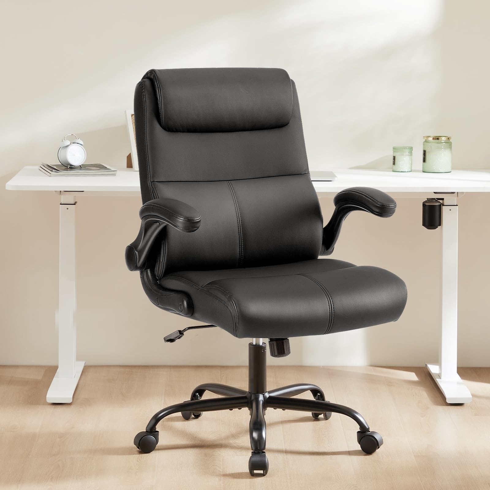 OLIXIS Executive Office Desk Chair - Ergonomic Mid Back with 360° Wheels, Computer Gaming Task with Lumbar Support, Height Adjustable PU Leather with Flip-up Armrest, Comfortable for Adults, Black
