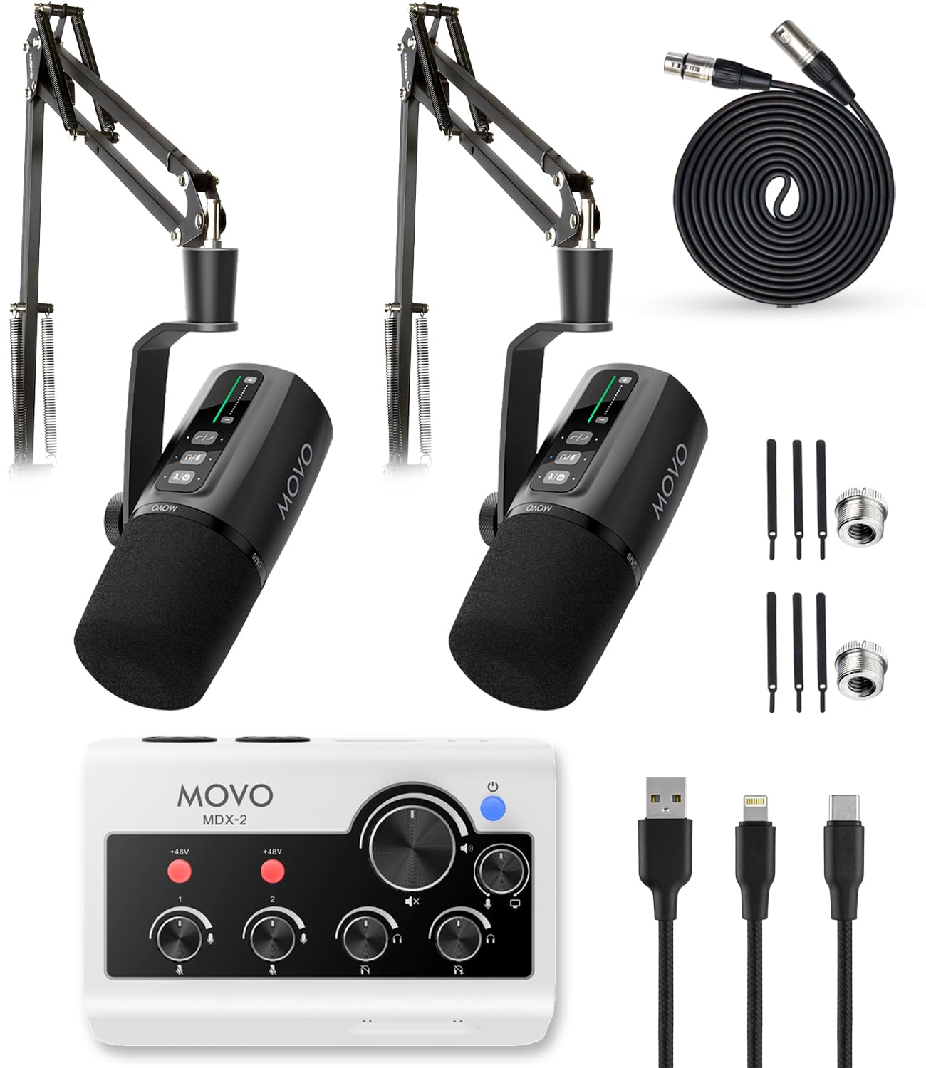 Movo Portable Podcast Equipment Bundle for iPhone/Android Phones- Podcast Kit with Audio Interface, 2 UM6 Dynamic Mics, 2 Boom Arms - for Smartphones, Computers, PC and Mac