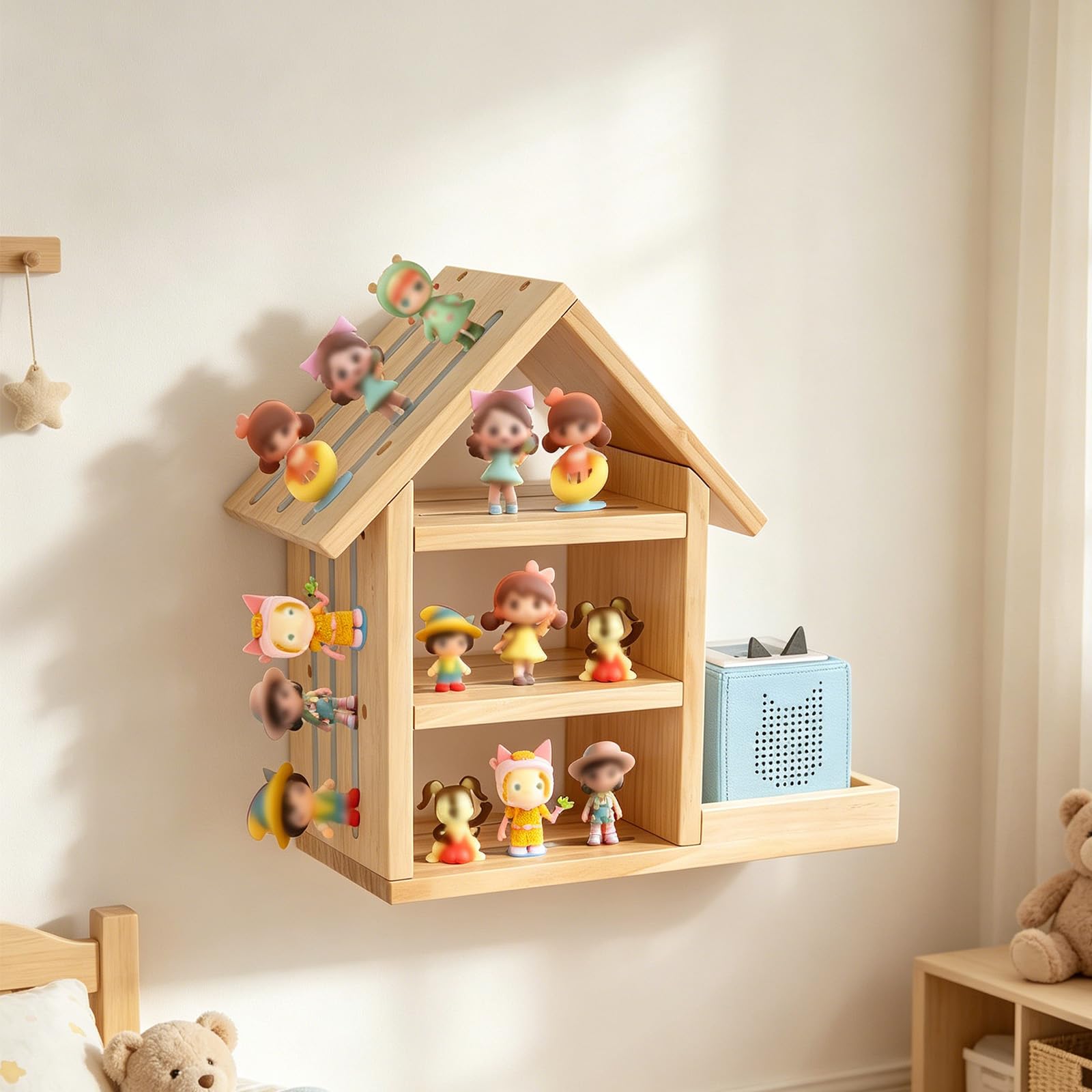 Étagère murale en forme de maison pour Tonie, étagère magnétique adaptée pour TonieBox 1 et TonieBox 2, étagère murale en bois de pin pour 50 à 70 figurines Tonies, étagère Tonie pour filles