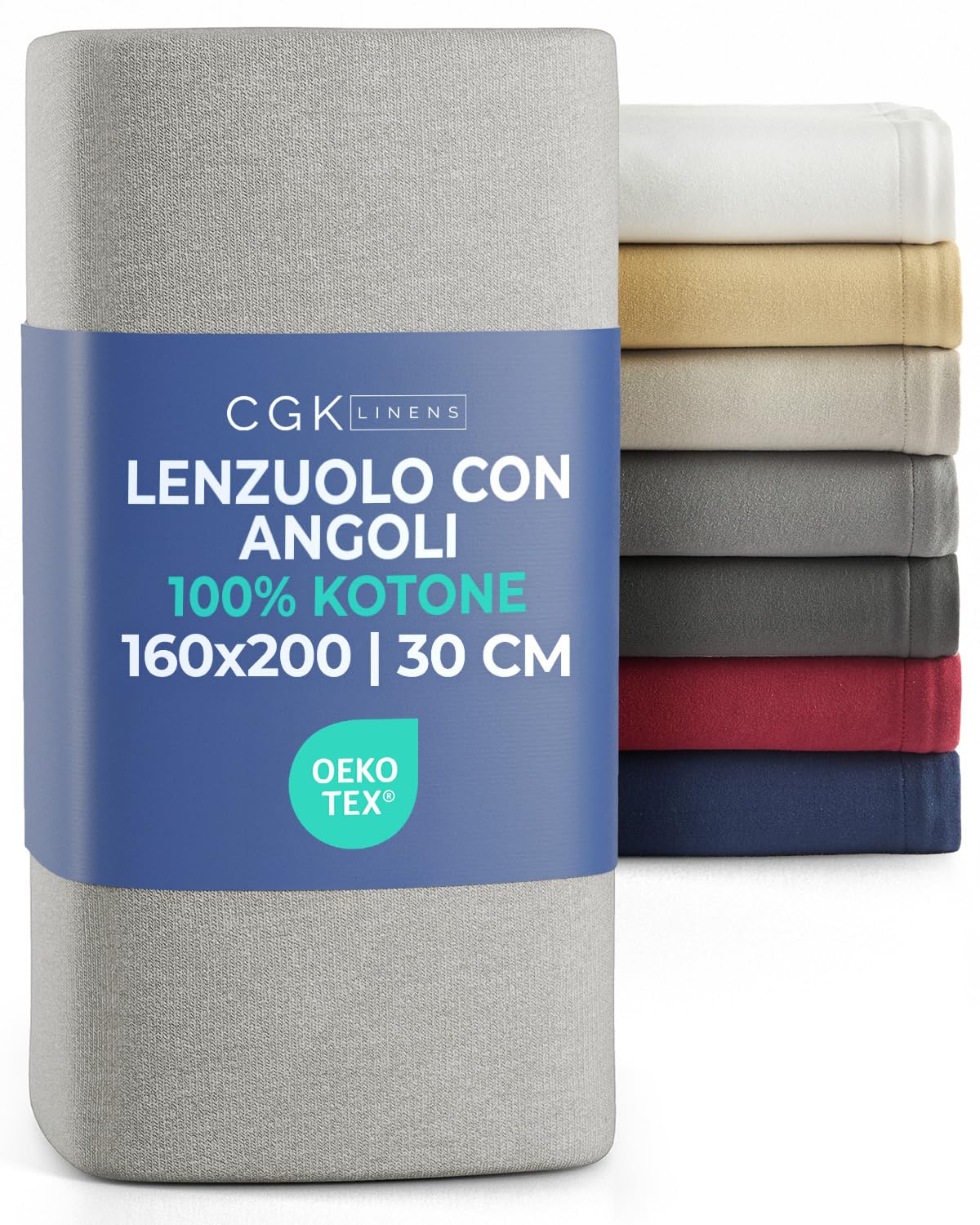 Lenzuolo con angoli 160x200 cm Grigio Chiaro - 100% Jersey Cotone morbido & traspirante - Tasca 30 cm / 12" - Anti-grinze, Resistente, Ipoallergenico & Traspirante - Certificato OEKO-TEX Standard 100
