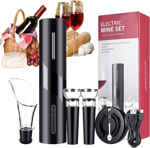 Electric Wine Opener Set,Automatic Wine Bottle Opener Gifts for Home Kitchen,Wine Gifts for Wine Lovers, Wine Corkscrew with Foil Cutter Vacuum Stoppers Pourer,Christmas Gift in Black
