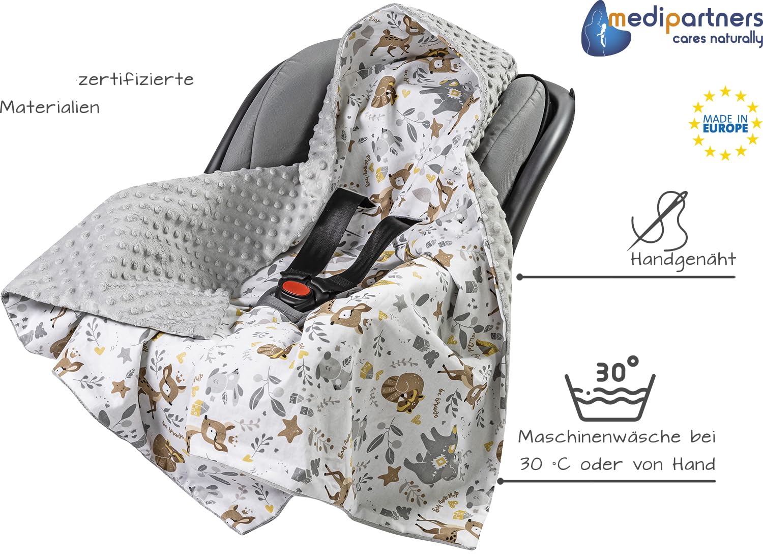 Medi Partners Einschlagdecke Baby Babyschale 100% Baumwolle für Sommer 85x85cm Kinderwagen Kuscheldecke universal Baby Decke Einschlagdecken Babydecke Buggy Autositz(REH mit grauem Minky)