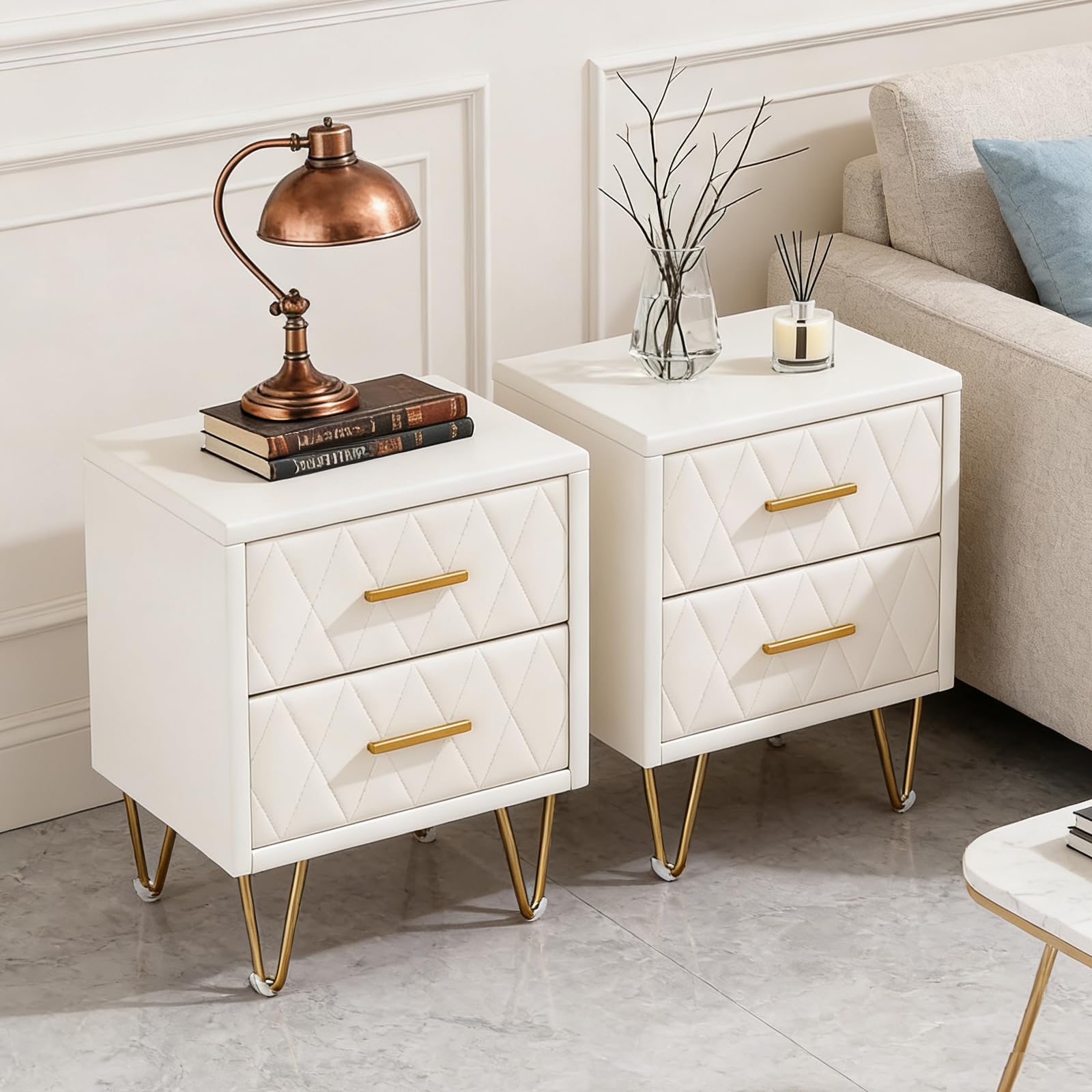 Comodino con 2 cassetti, superficie in pelle, tavolino con piedini e maniglie in metallo per camera da letto, soggiorno, 41 x 35,5 x 51 cm (beige PU+2 cassetti, 2 unità)