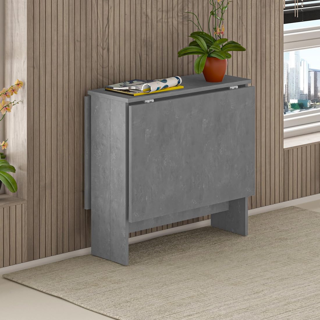 Shally Dogan Tavolo da Pranzo Estensibile, Consolle Allungabile Multiuso e Salvaspazio con Struttura Resistente in Legno, Apertura Semplice e Intuitiva, Ideale per Soggiorno, Cucina (Grigio)