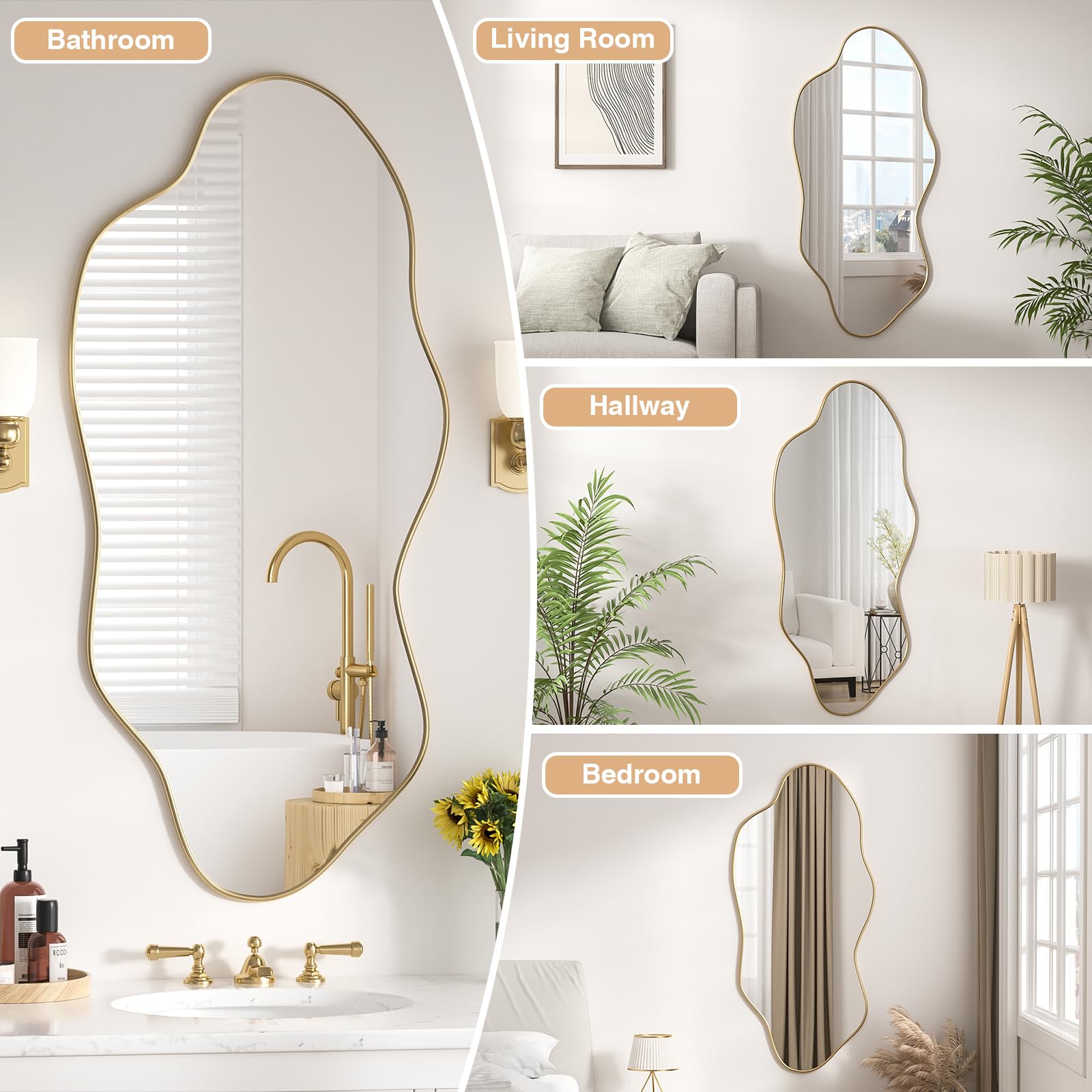 Specchio irregolare da parete, asimmetrico, 120 cm di lunghezza x 55 cm di larghezza, decorazione moderna da parete, per bagno, camera da letto, soggiorno, ingresso,