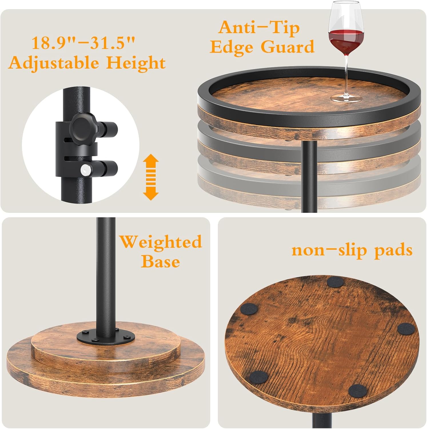 Small Side Table Set of 2, Drink Table, Height Adjustable Round End Table, Pedestal Side Table for Small Spaces in Living Room, Bedroom, Brown