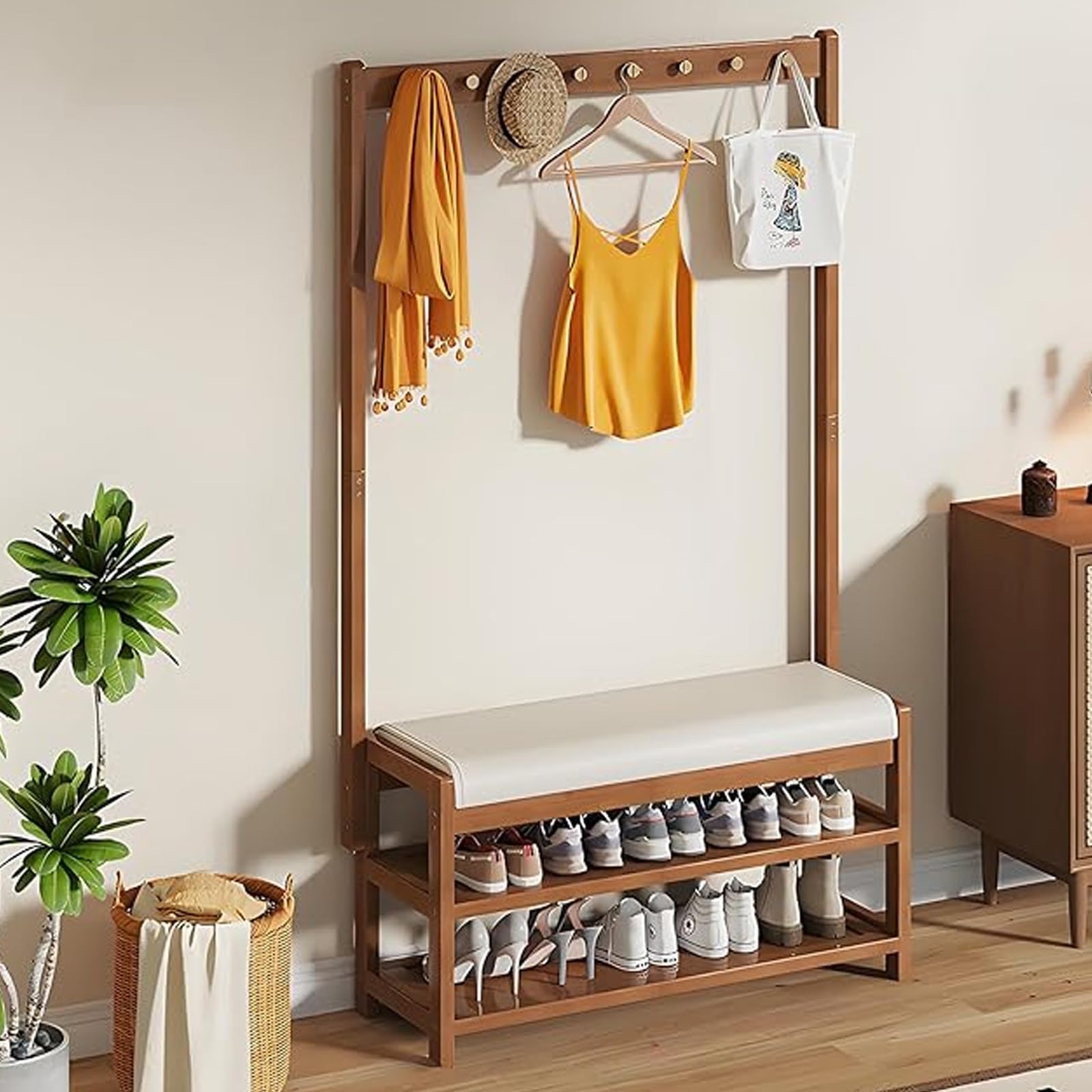 GHFXSCV 3-in-1 Hall Tree with Bench & Shoe Sto, Entryway nizer with Soft Cush, Freestanding Hallway Fur, 102cm White Mudroom Solut (102x30x172cm)