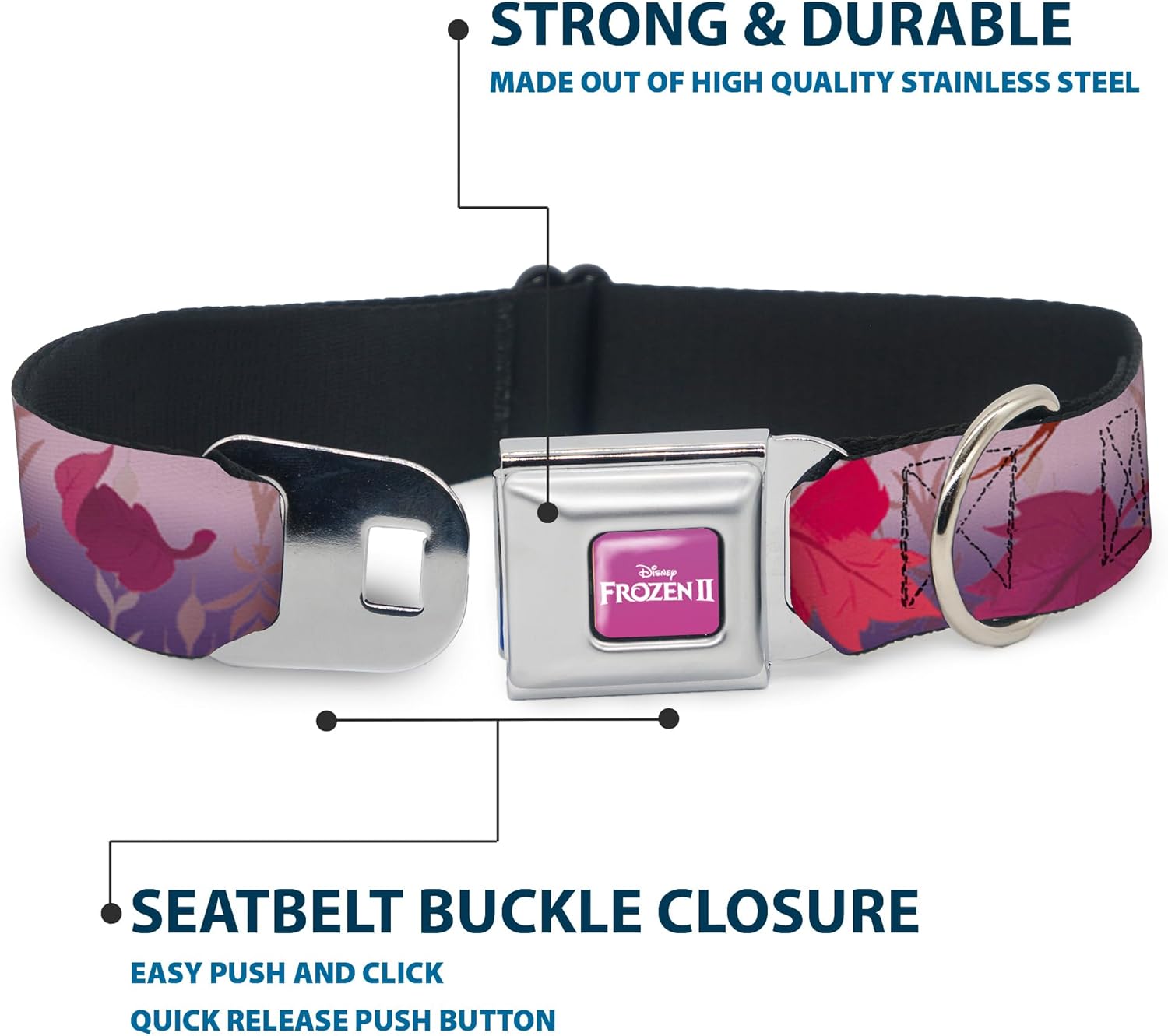 Disney Pet Collar, Dog Collar Metal Seatbelt Buckle, Frozen II Swirling Leaves Floral Trim Purples Reds, 9.5 to 13 Inches 1.0 Inch Wide