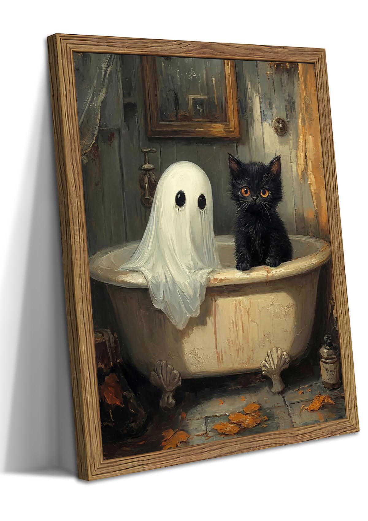 Vintage Halloween Bathroom Wall Art, Cute Ghost Black Cat Bathtub Canvas Wall Decor Painting, Spooky Halloween Artwork Prints Pictures for Bedroom Restroom Bathroom 12x16 Inch Wood Framed