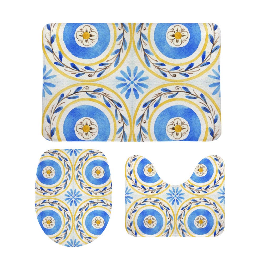 Tapis de bain motif carré jaune bleu ensemble 3 pièces avec contour WC en mousse