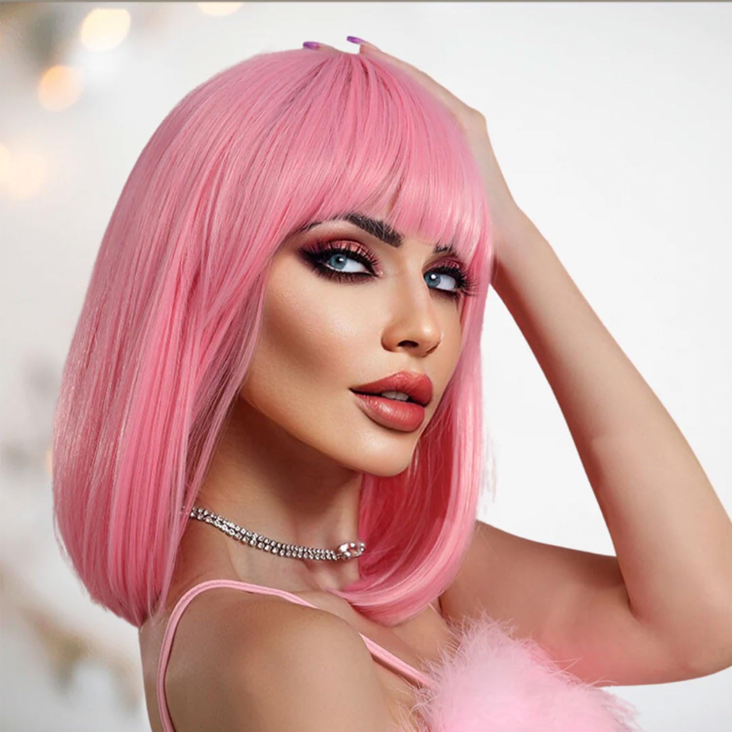Photo 1 of yumtaro Pink Wigs for Women Short Synthetic Bob Wig with Bangs Glueless Shoulder Length Apple Cut Colorful Cosplay Wig for Girls Daily Party and Halloween Costume Use