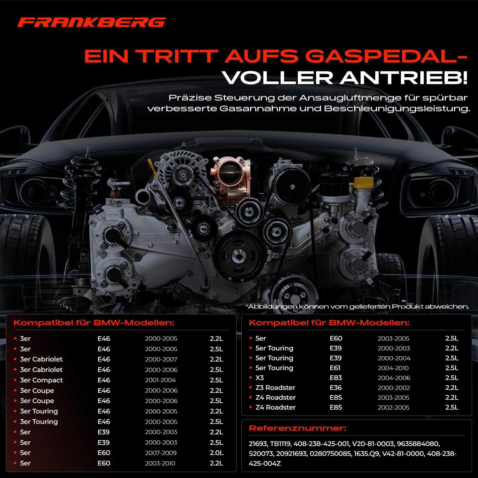 Frankberg Drosselklappe Drosselklappenstutzen mit Dichtung für 3er E46 5er E39 E60 E61 X3 E83 Z3 E36 Z4 E85 2.0L 2.2L 2.5L Benzin 2000-2010 408-238-425-001