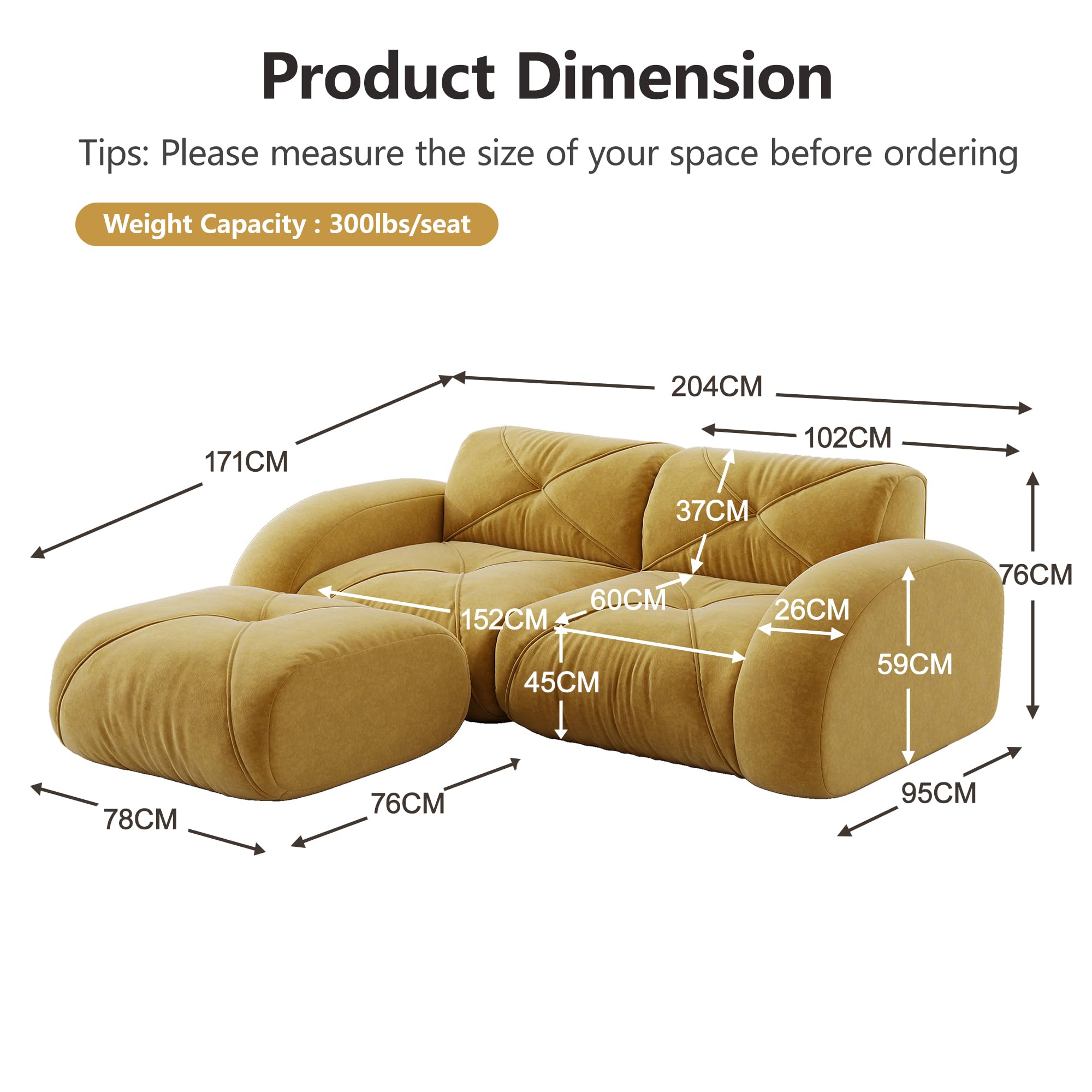 Bladez Divano modulare a 2 posti con sgabello Ciniglia Moderno Loveseat Soggiorno Divano con Braccioli Curvi, Senza Montaggio Divano Boneless Compressione Cloud Divani (Giallo, 2 Posti+1)